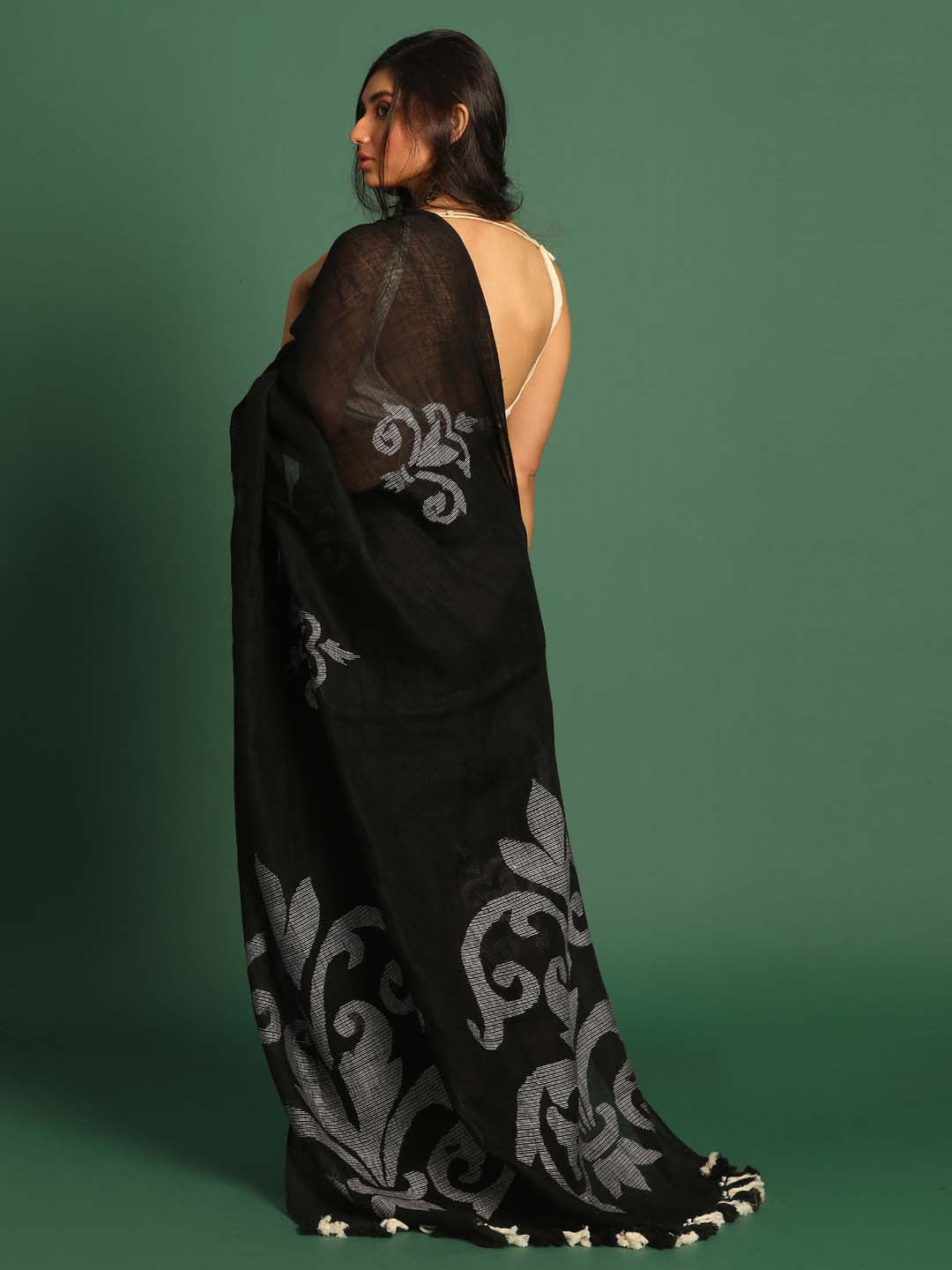 Indethnic Black Pure Linen Abstract Design Jamdani - View 3