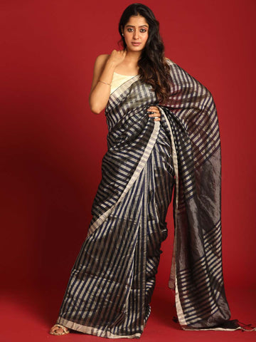 NAVY WAVES (HANDLOOM PURE LINEN SAREE)