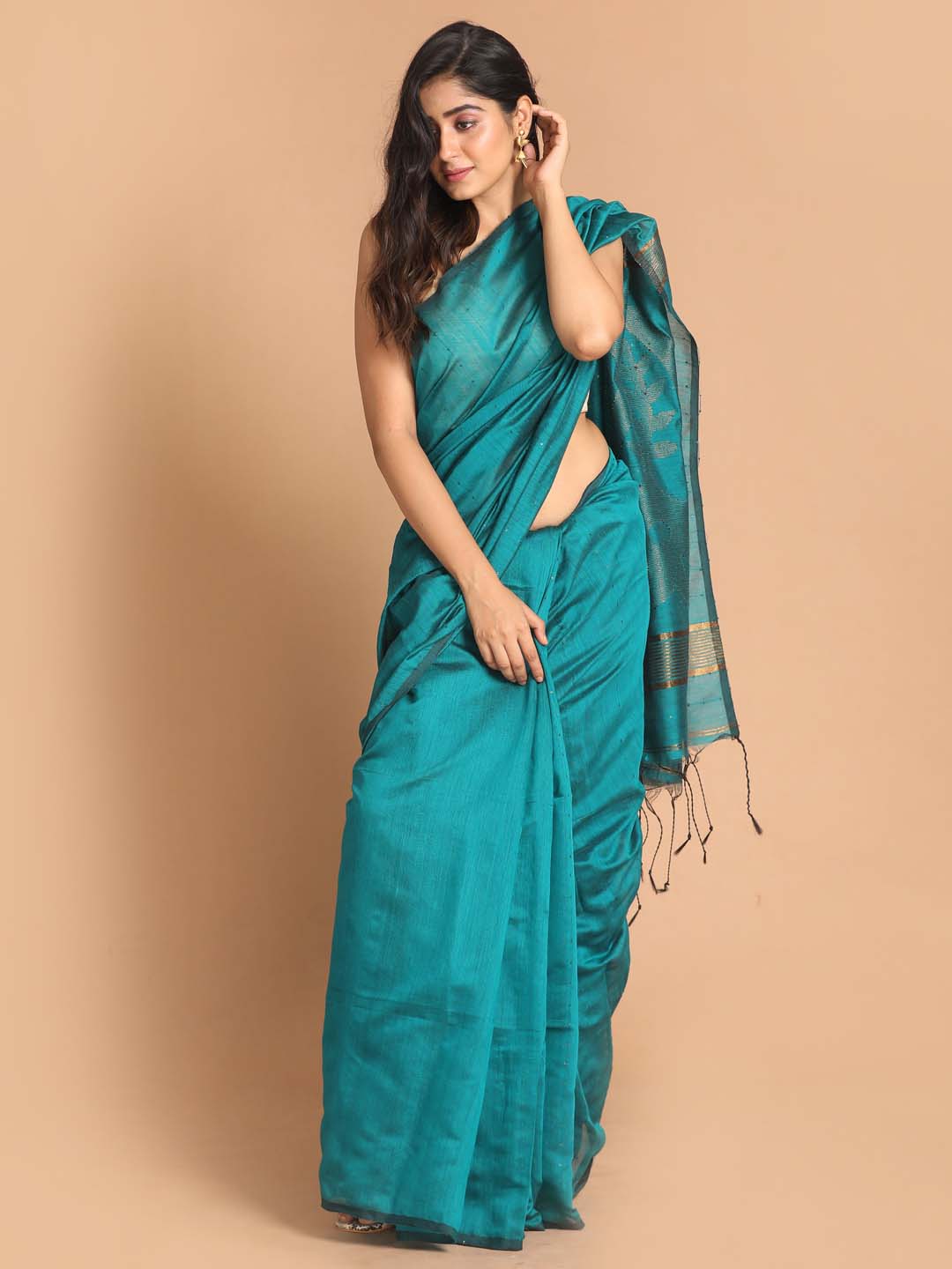 Indethnic Teal Bengal Handloom Pure Cotton Saree Work Saree - View 1