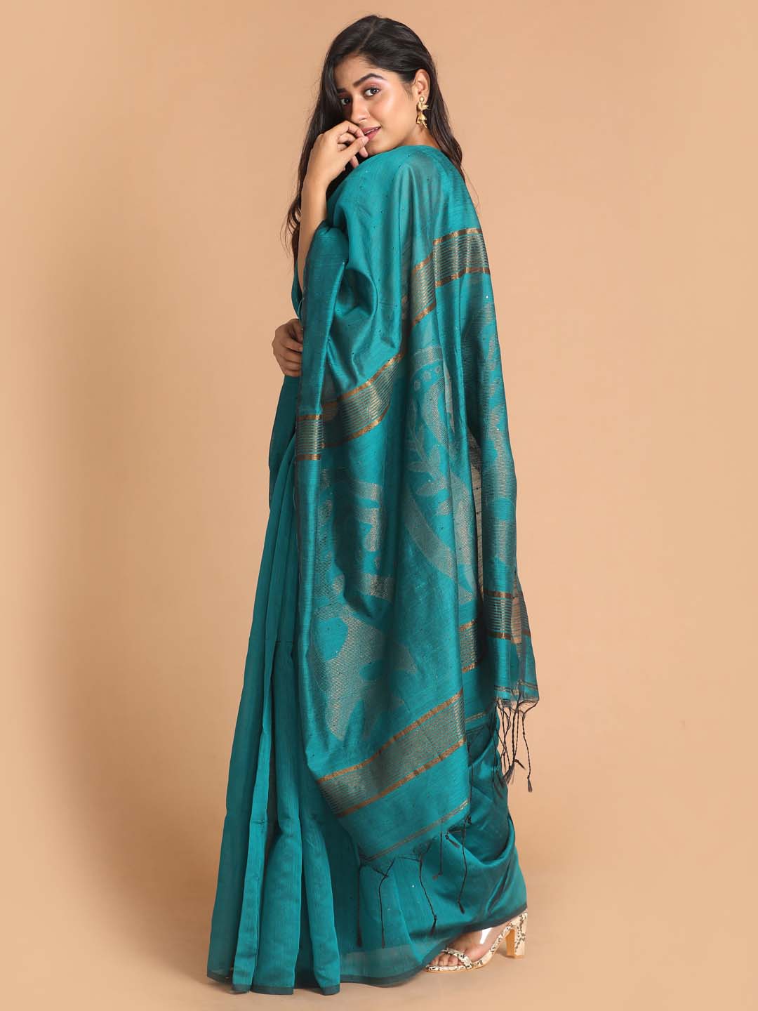 Indethnic Teal Bengal Handloom Pure Cotton Saree Work Saree - View 2