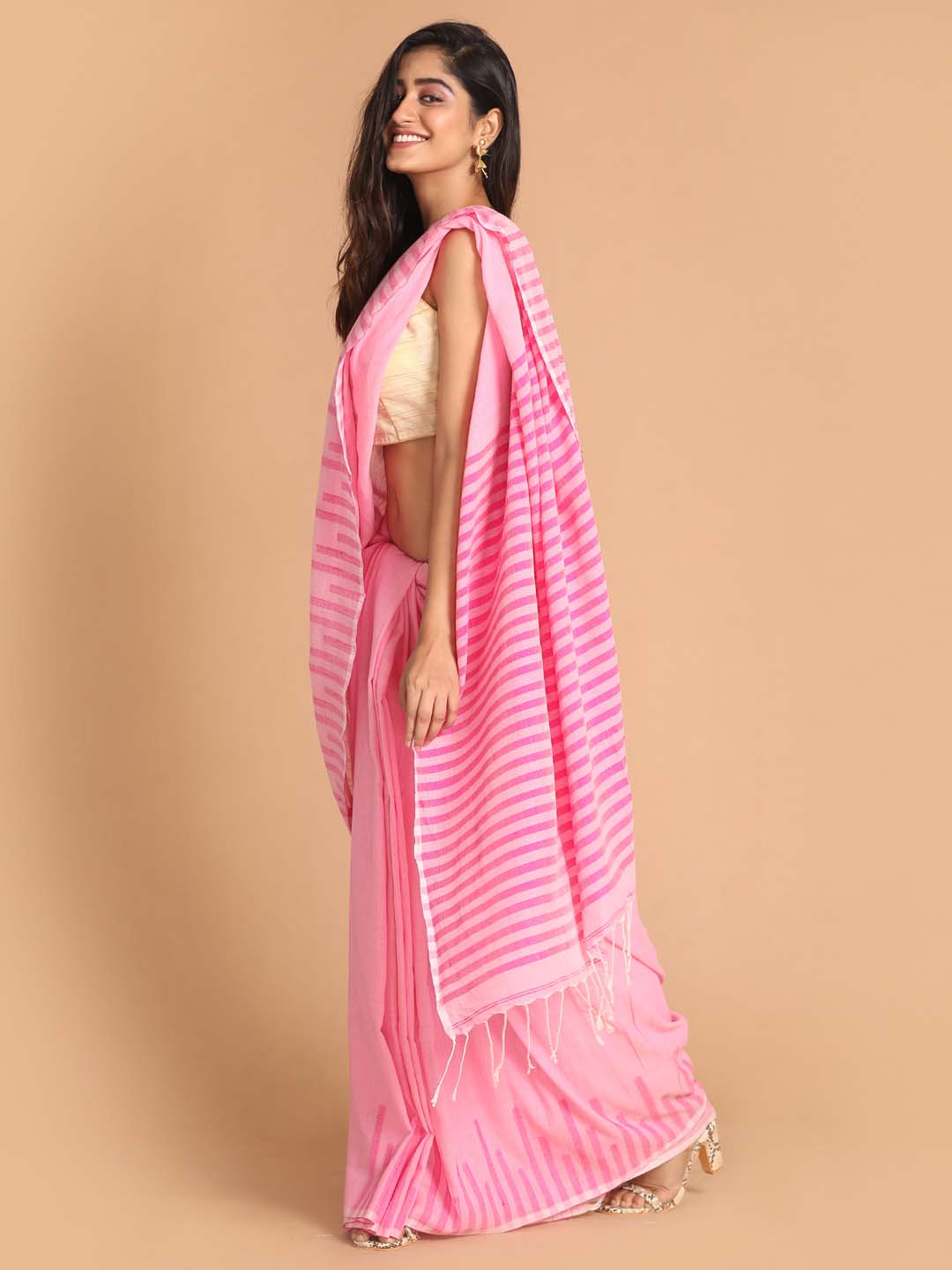 Indethnic Pink Bengal Handloom Pure Cotton Saree Work Saree - View 2