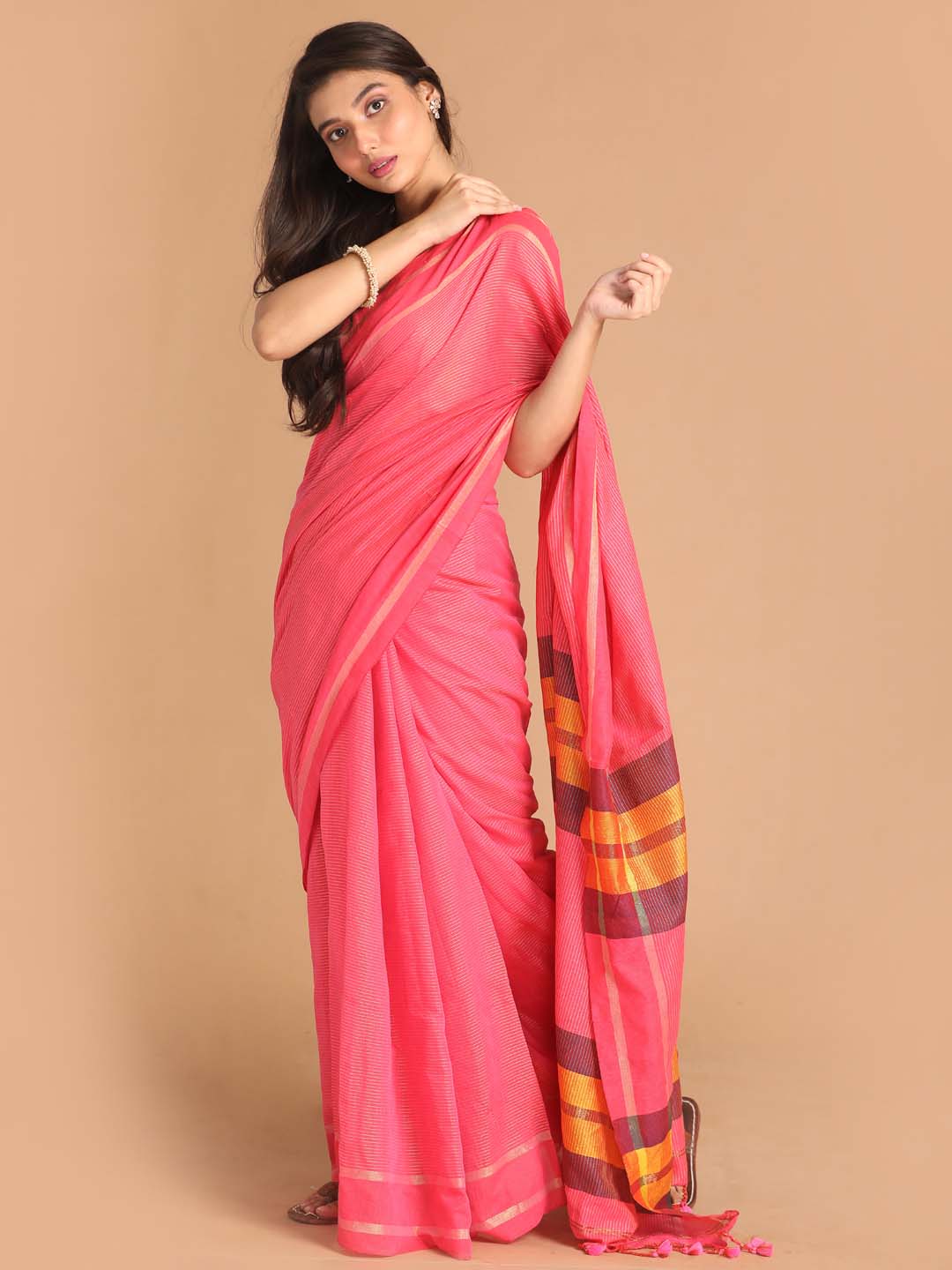 Indethnic Pink Bengal Handloom Pure Cotton Saree Work Saree - View 2
