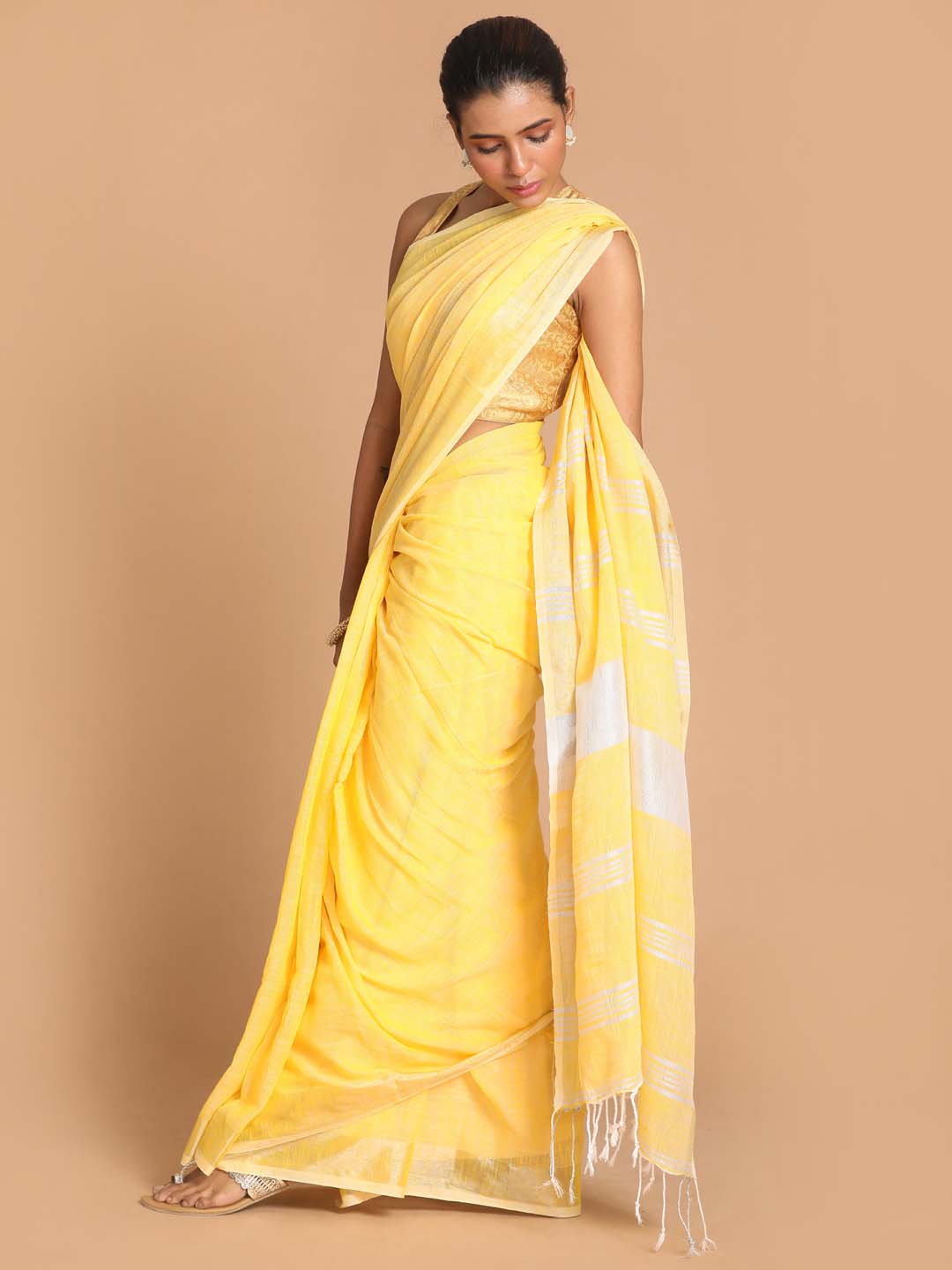 Indethnic Yellow Bengal Handloom Pure Cotton Saree Work Saree - View 2