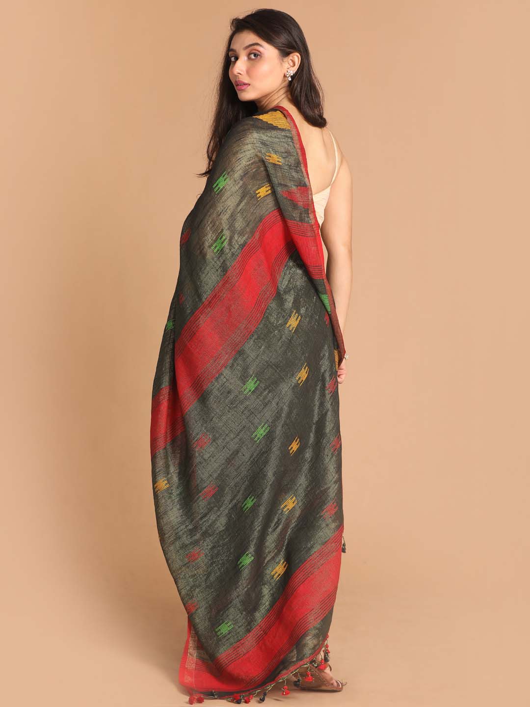 Indethnic Black Bengal Handloom Cotton Blend Party Saree - View 3
