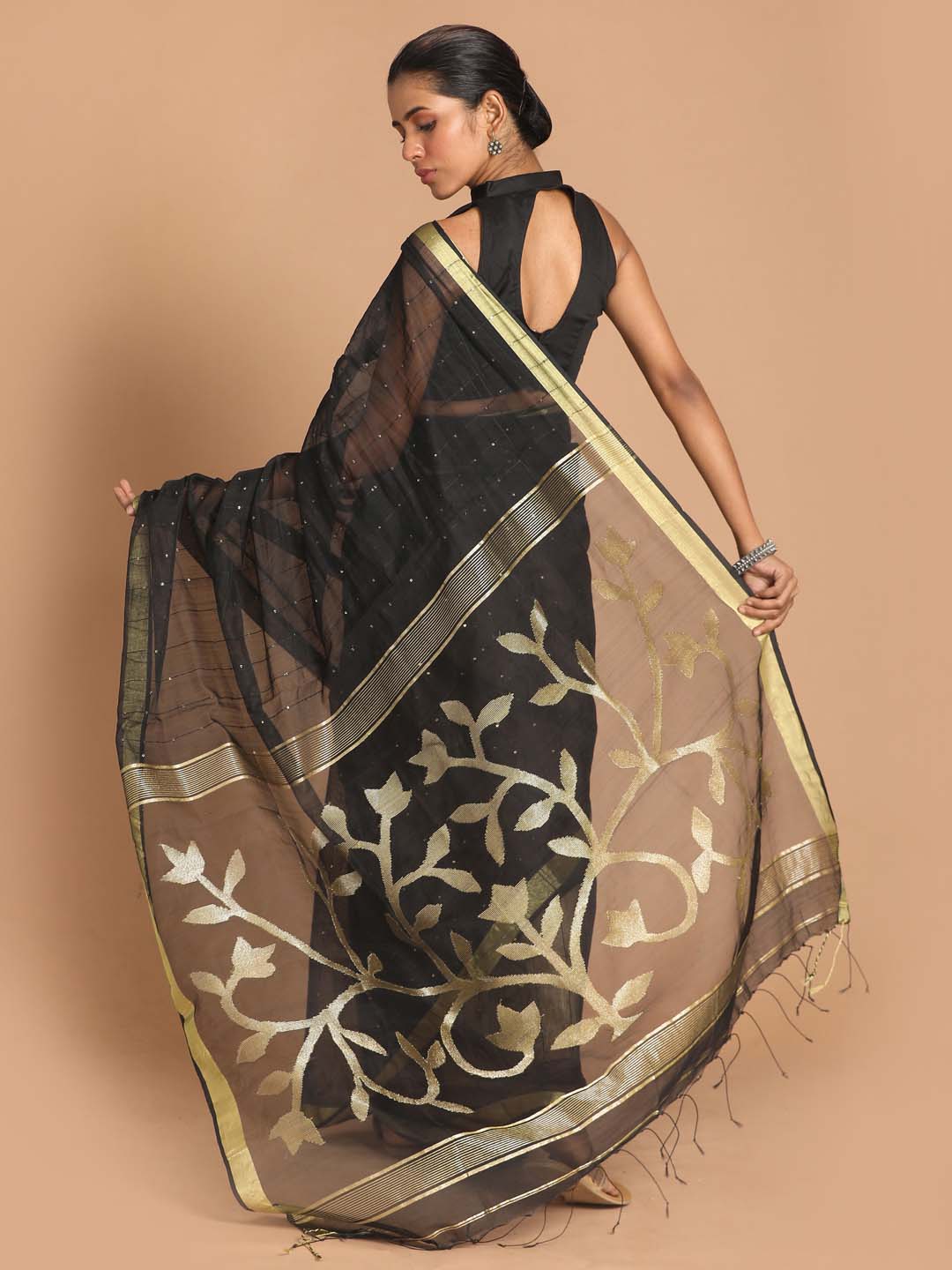 Indethnic Black Bengal Handloom Cotton Blend Work Saree - View 3