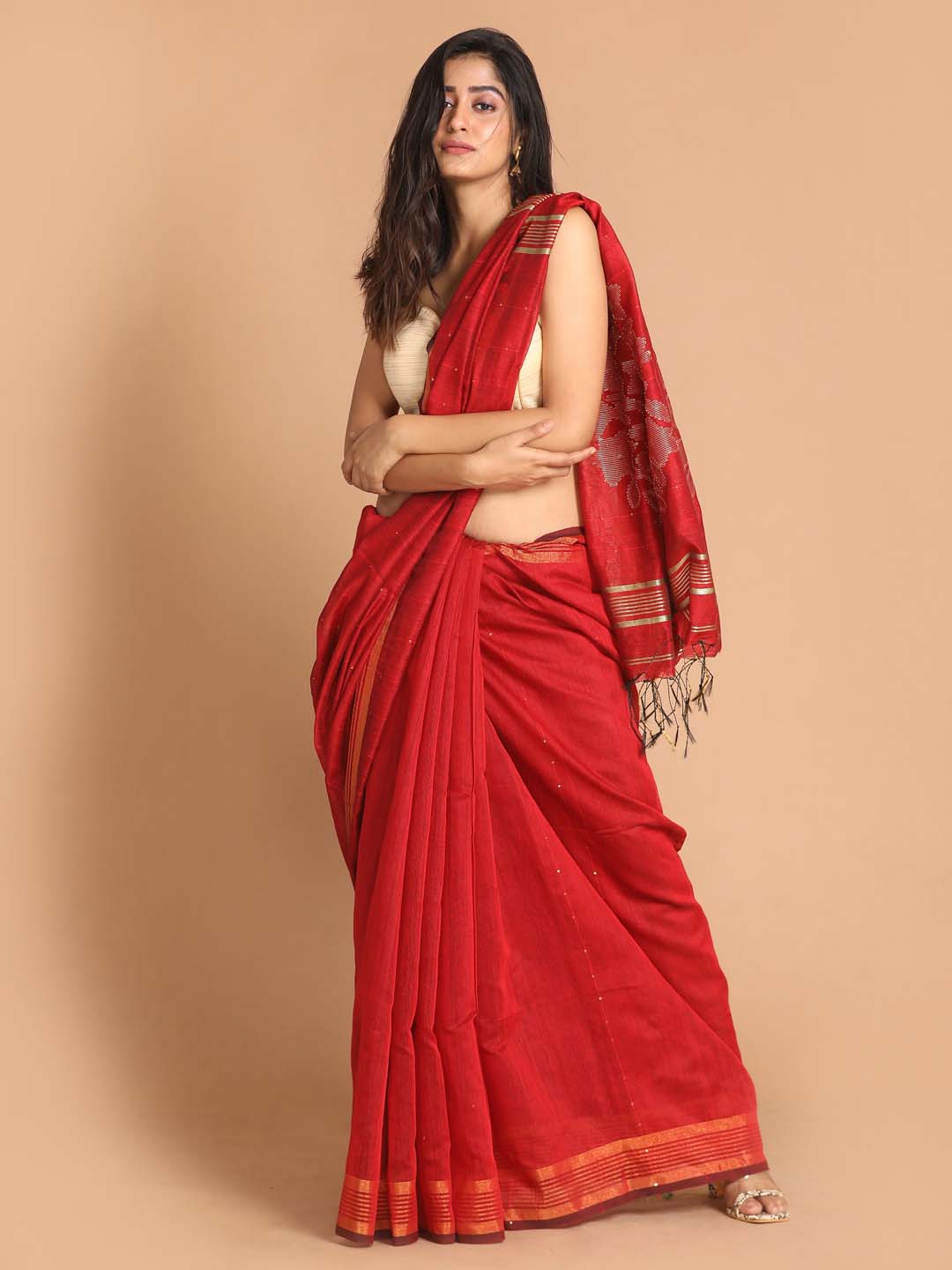 Indethnic Red Bengal Handloom Cotton Blend Party Saree - View 1