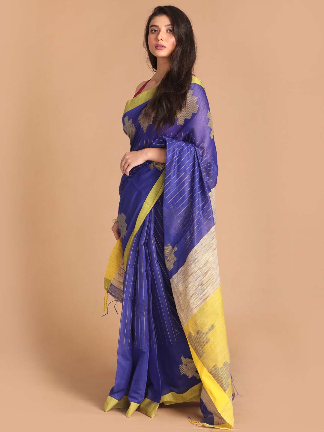 Indethnic Blue Bengal Handloom Cotton Blend Work Saree - View 2