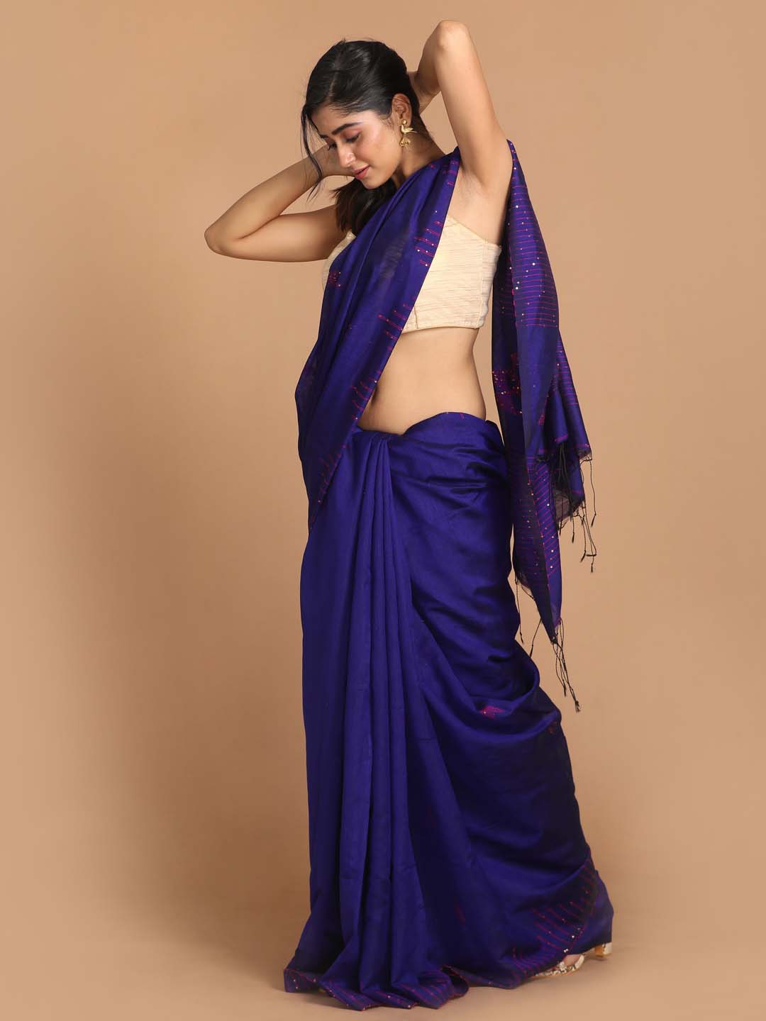Indethnic Blue Bengal Handloom Cotton Blend Work Saree - View 2