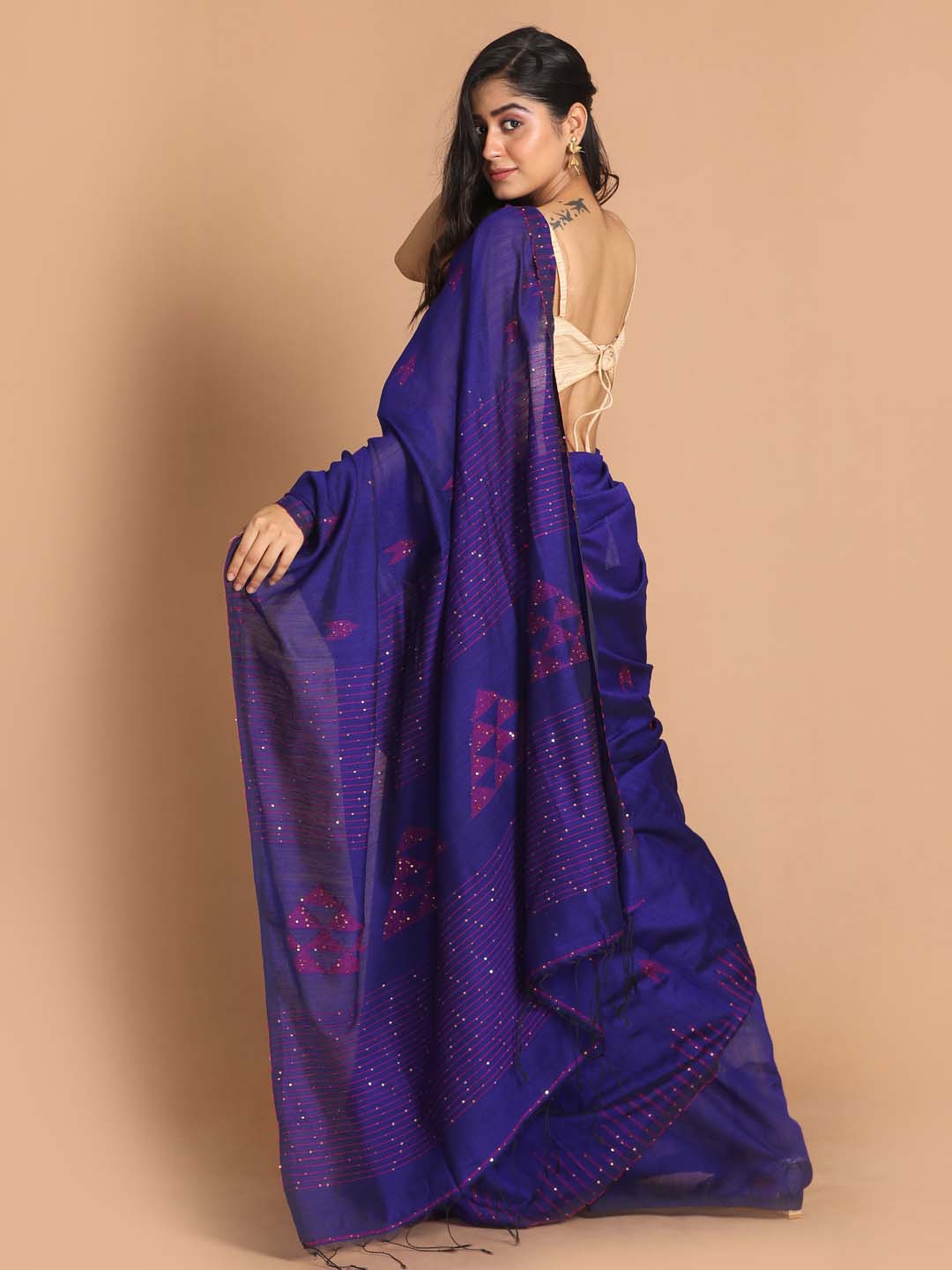 Indethnic Blue Bengal Handloom Cotton Blend Work Saree - View 3