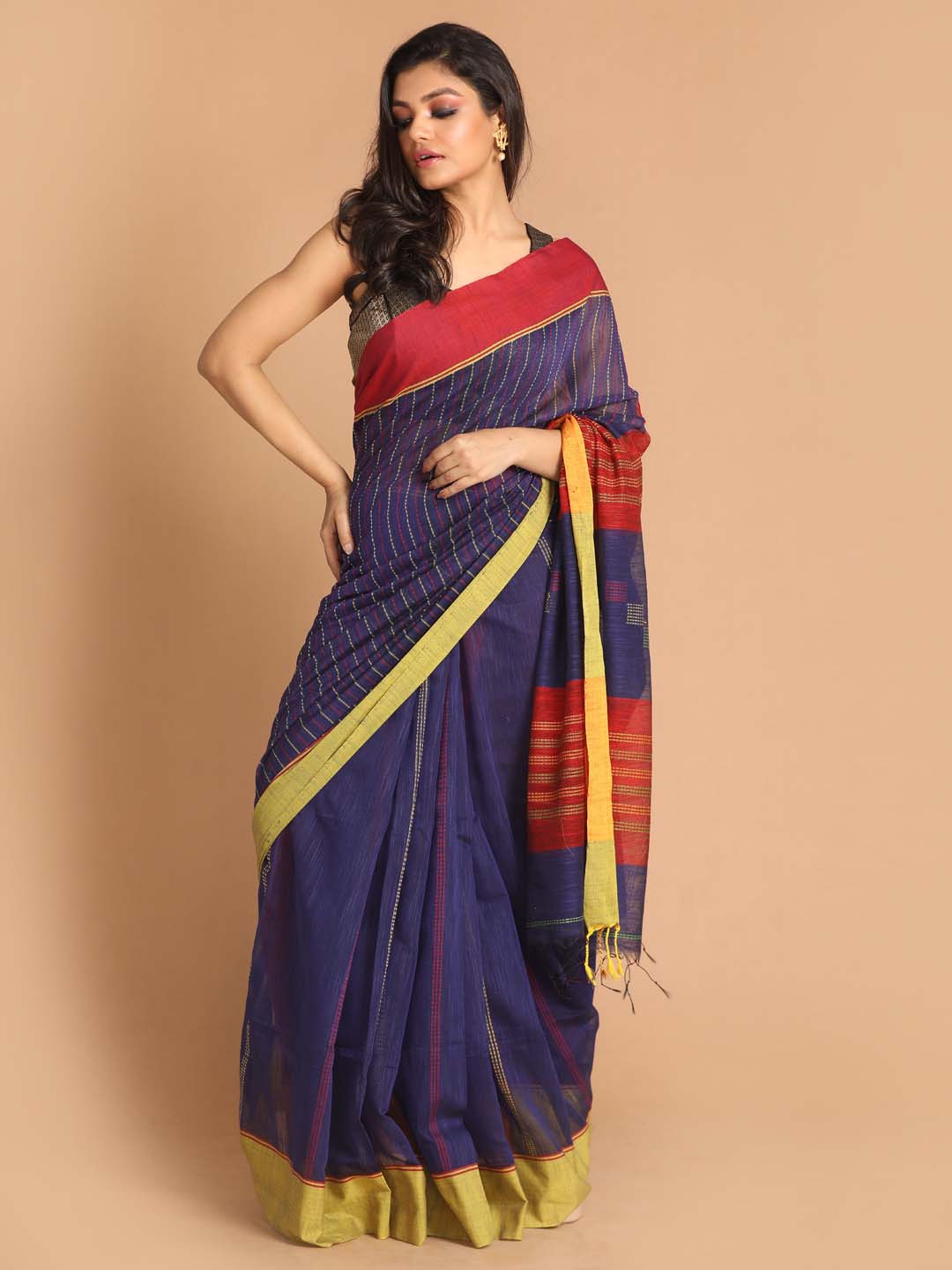 Indethnic Blue Bengal Handloom Cotton Blend Work Saree - View 1