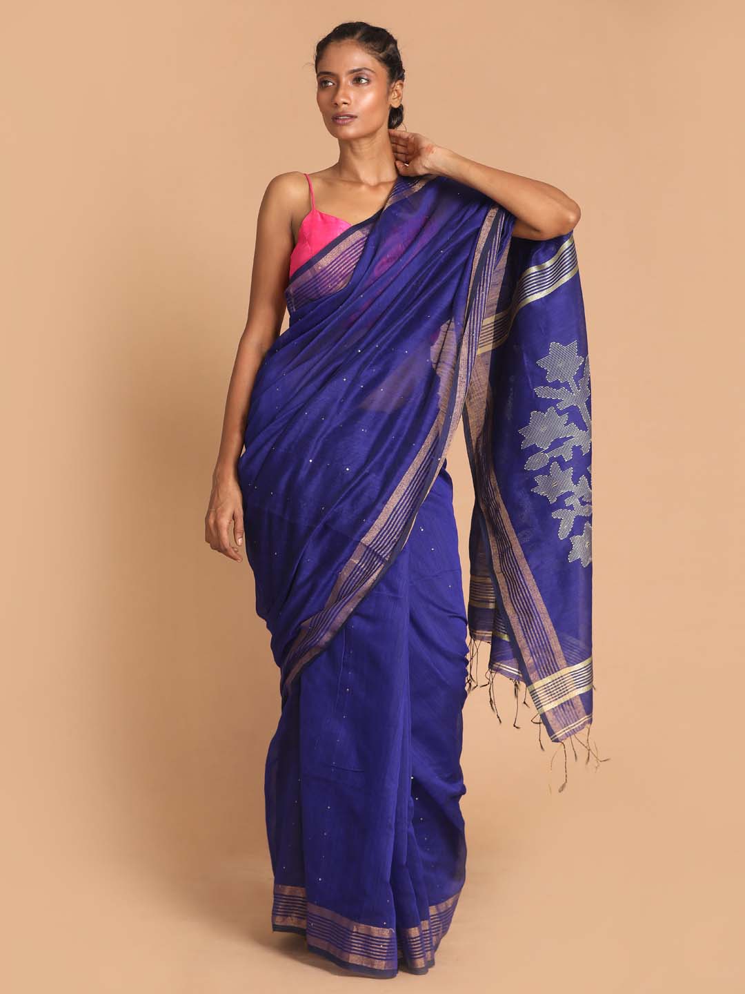Indethnic Blue Bengal Handloom Cotton Blend Party Saree - View 1