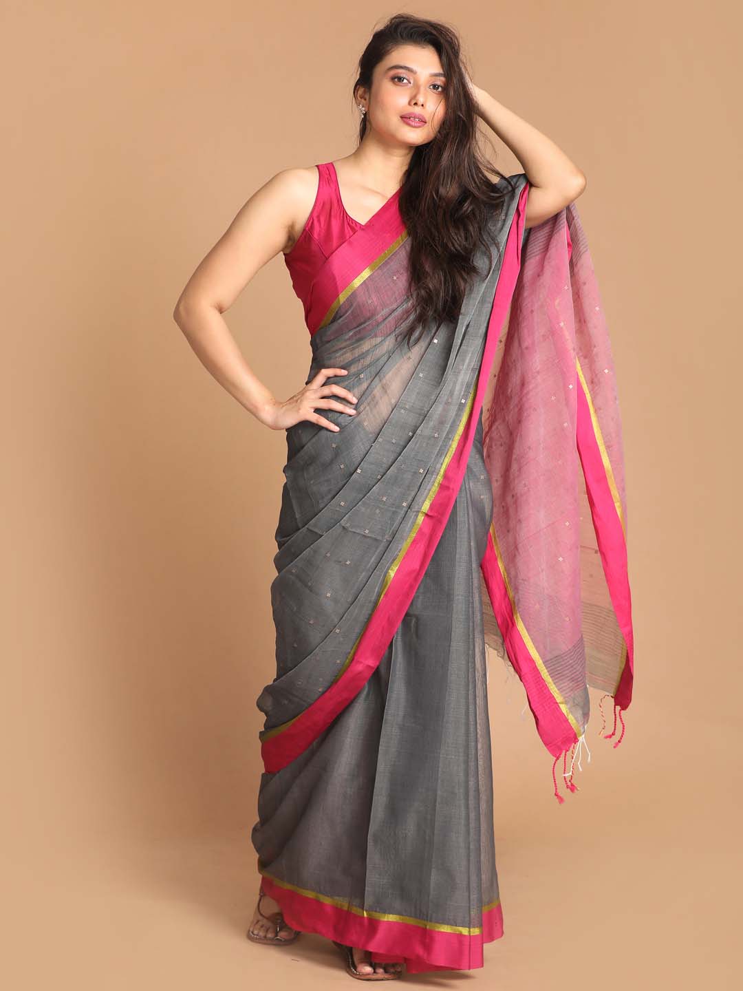 Indethnic Grey Bengal Handloom Cotton Blend Work Saree - View 1