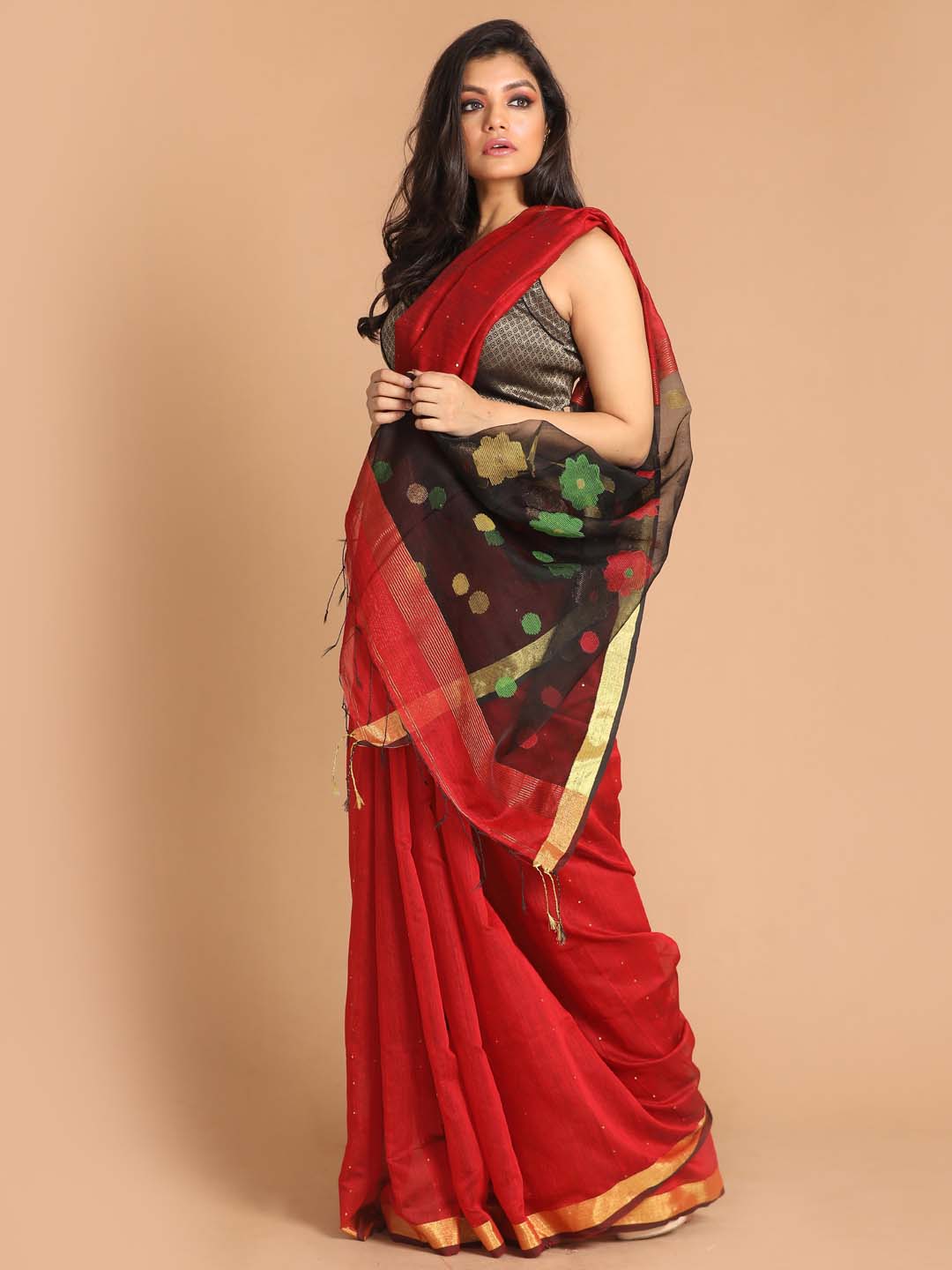 Indethnic Maroon Bengal Handloom Cotton Blend Work Saree - View 2