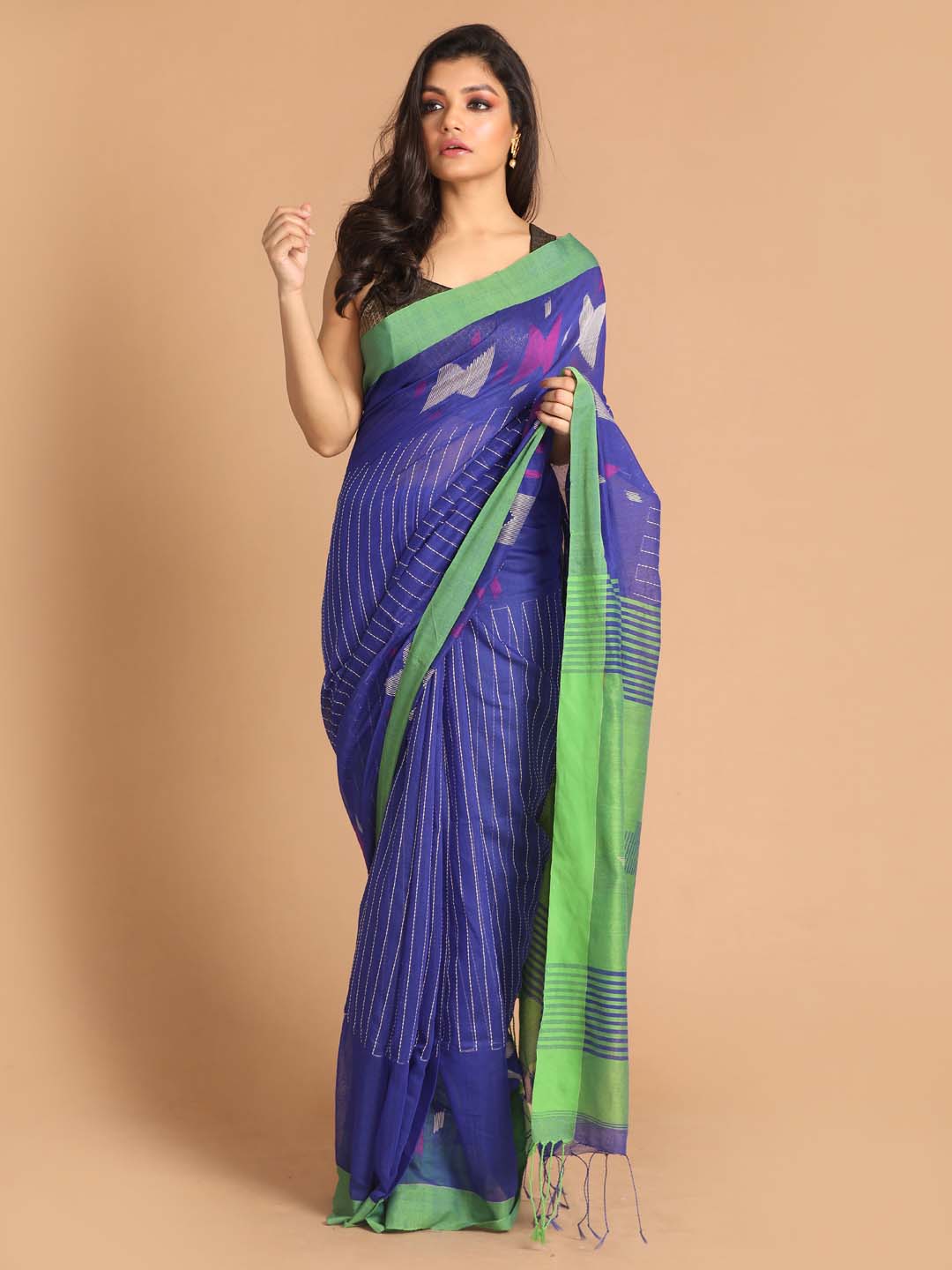 Indethnic Navy Blue Bengal Handloom Cotton Blend Work Saree - View 1