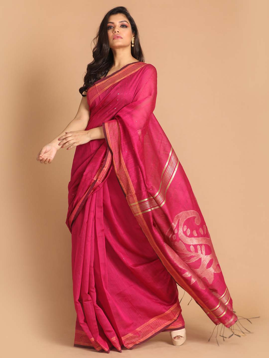 Indethnic Pink Bengal Handloom Cotton Blend Work Saree - View 1