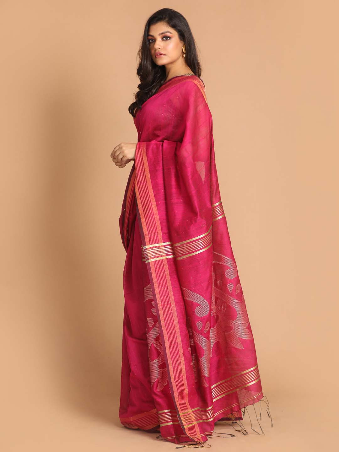 Indethnic Pink Bengal Handloom Cotton Blend Work Saree - View 2