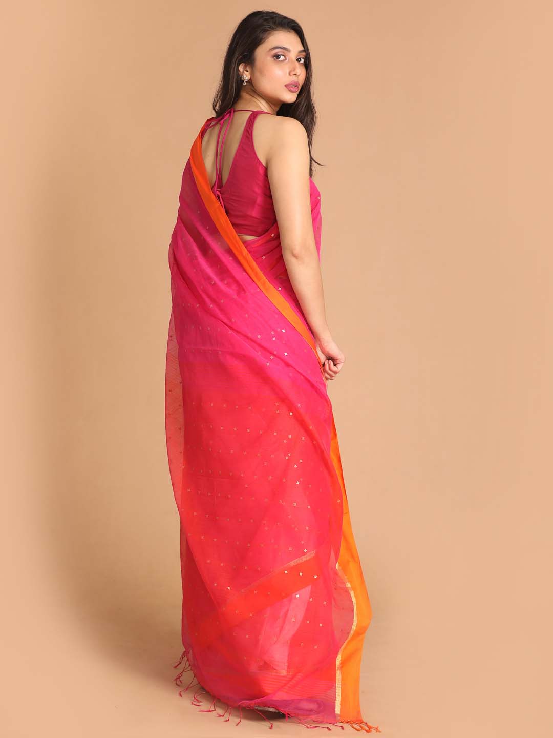 Indethnic Pink Bengal Handloom Cotton Blend Work Saree - View 3