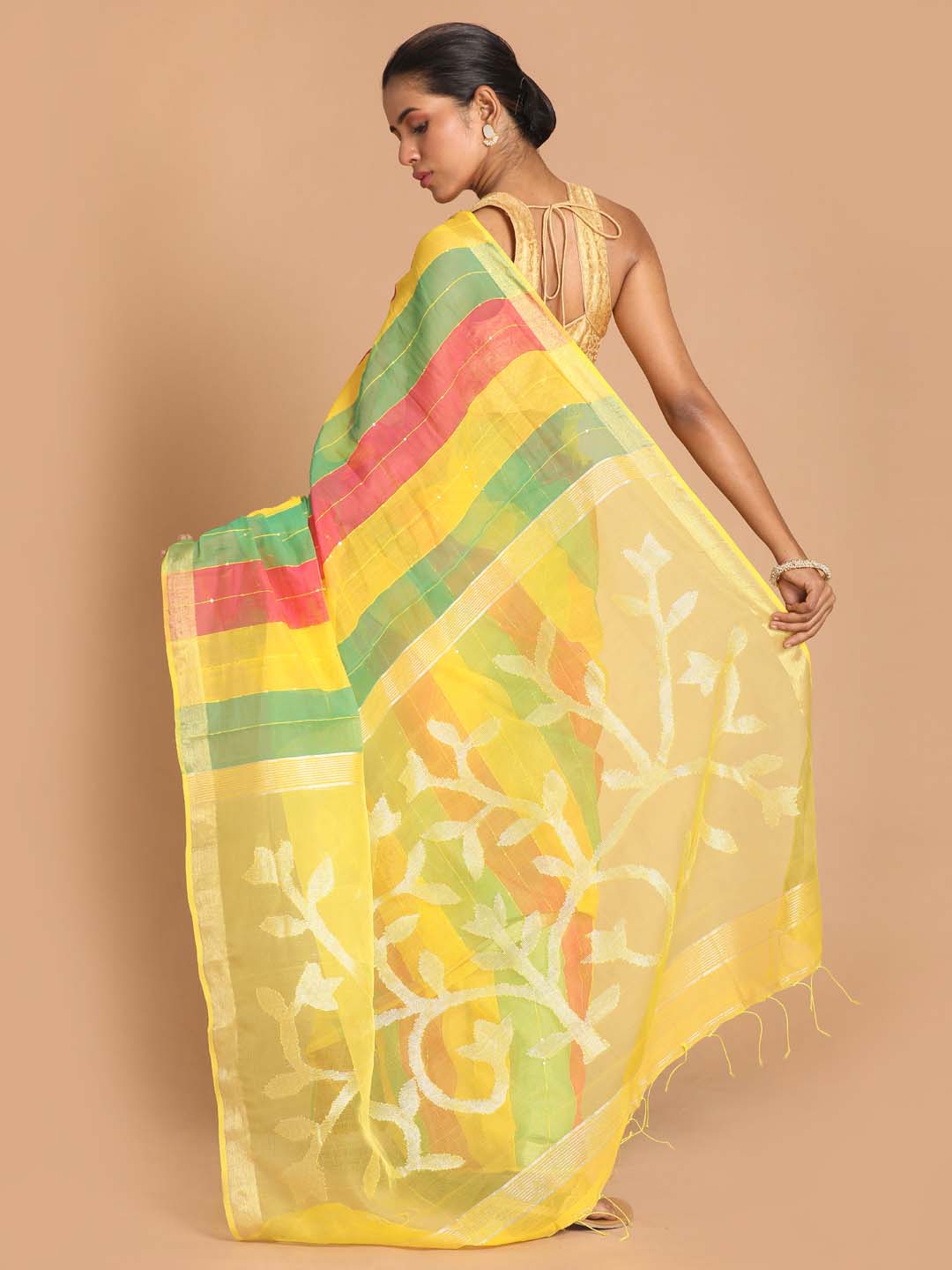 Indethnic Yellow Bengal Handloom Cotton Blend Work Saree - View 3