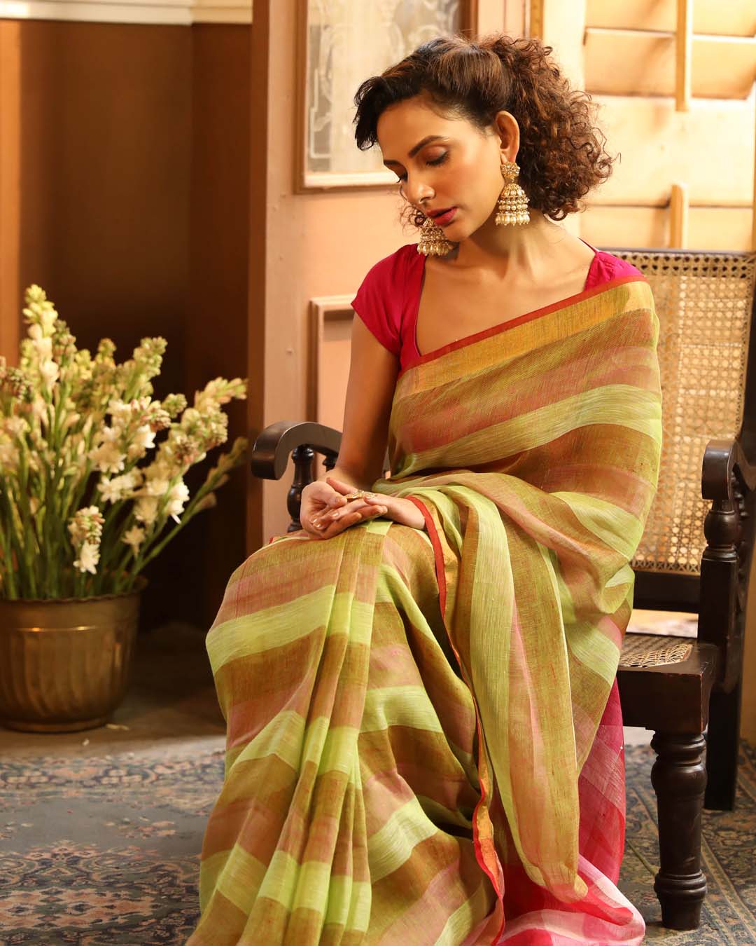 Indethnic Green Color Blocked Party Wear - View 1