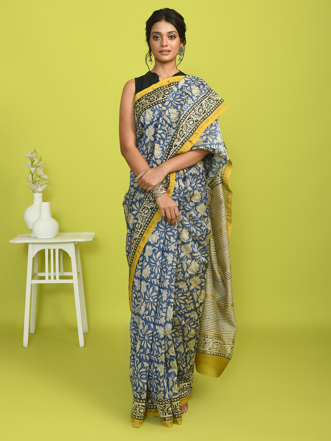 AZURE REVERIE (BAGRU SILK COTTON SAREE)