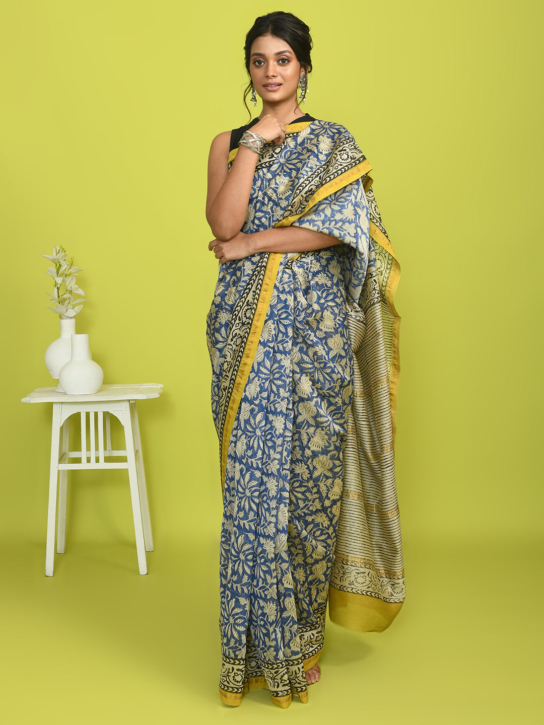 AZURE REVERIE (BAGRU SILK COTTON SAREE)