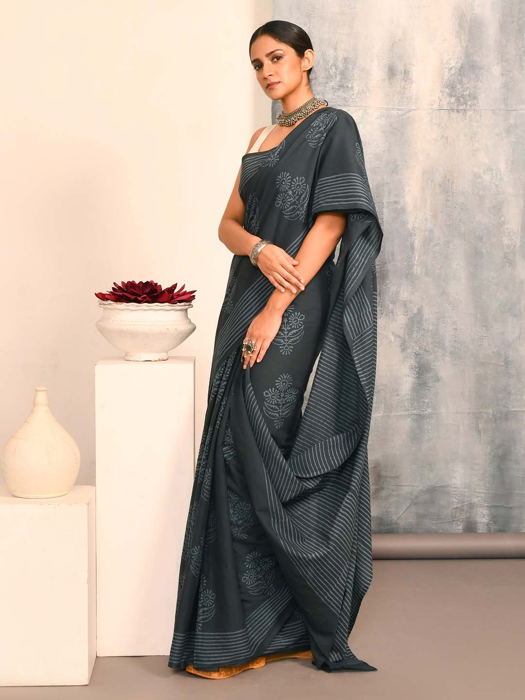 AZURE ECHOES (BAGRU 100% PURE COTTON SAREE)