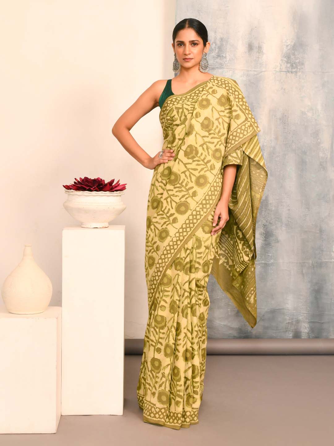 VERDANT ELEGANCE (BAGRU 100% PURE COTTON SAREE)