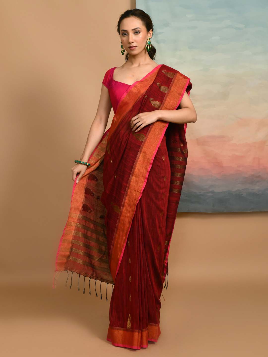 CRIMSON ELEGANCE (HANDLOOM LIVA SAREE)