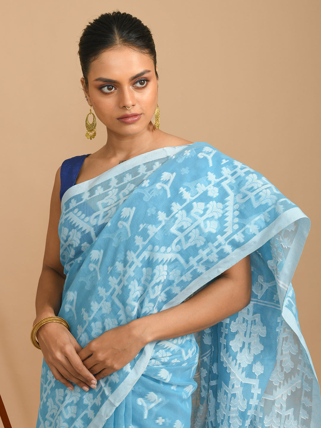 Jamdani Blue Woven Design Traditional Wear(HANDLOOM COTTON BLEND SAREE)