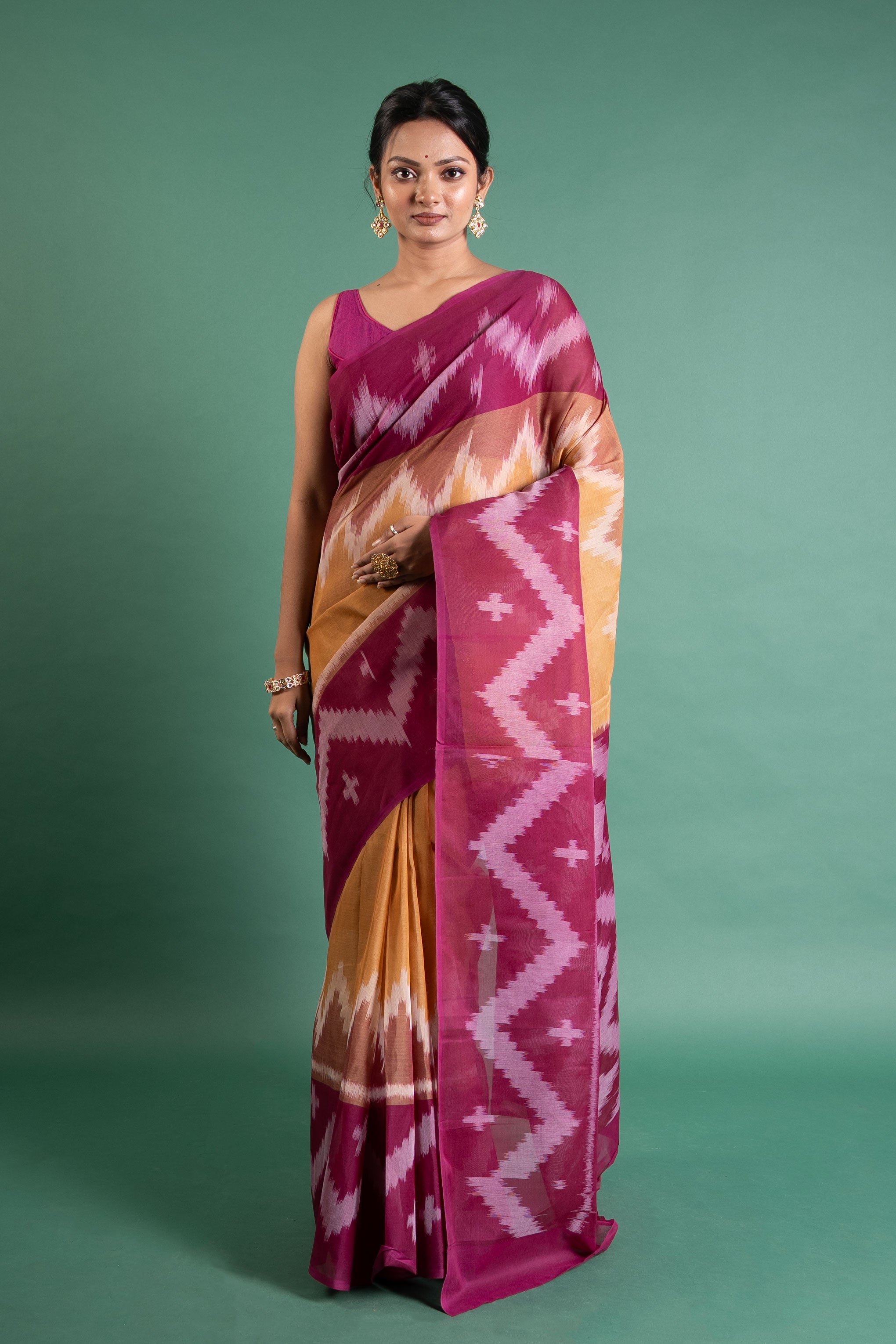 Magenta–Mustard Ikat Weave Saree