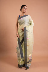 Misty Meadow Handloom Cotton Saree – Ivory & Slate Grey