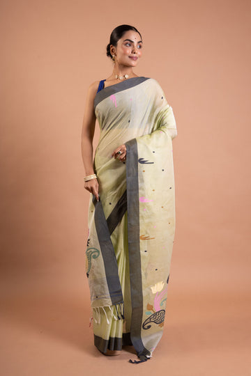 Misty Meadow Handloom Cotton Saree – Ivory & Slate Grey