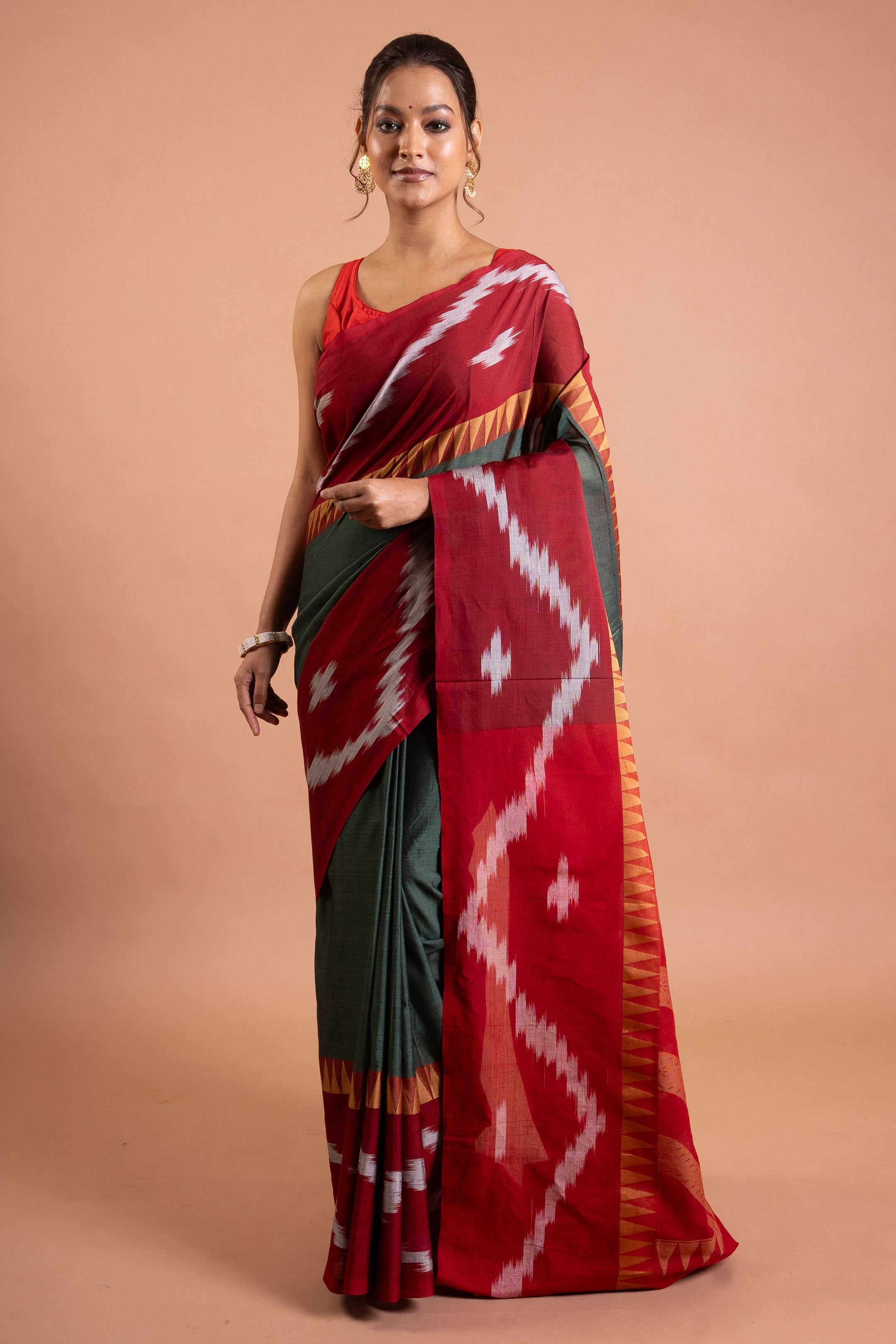 Crimson Ikat Harmony – Pure Handloom Saree