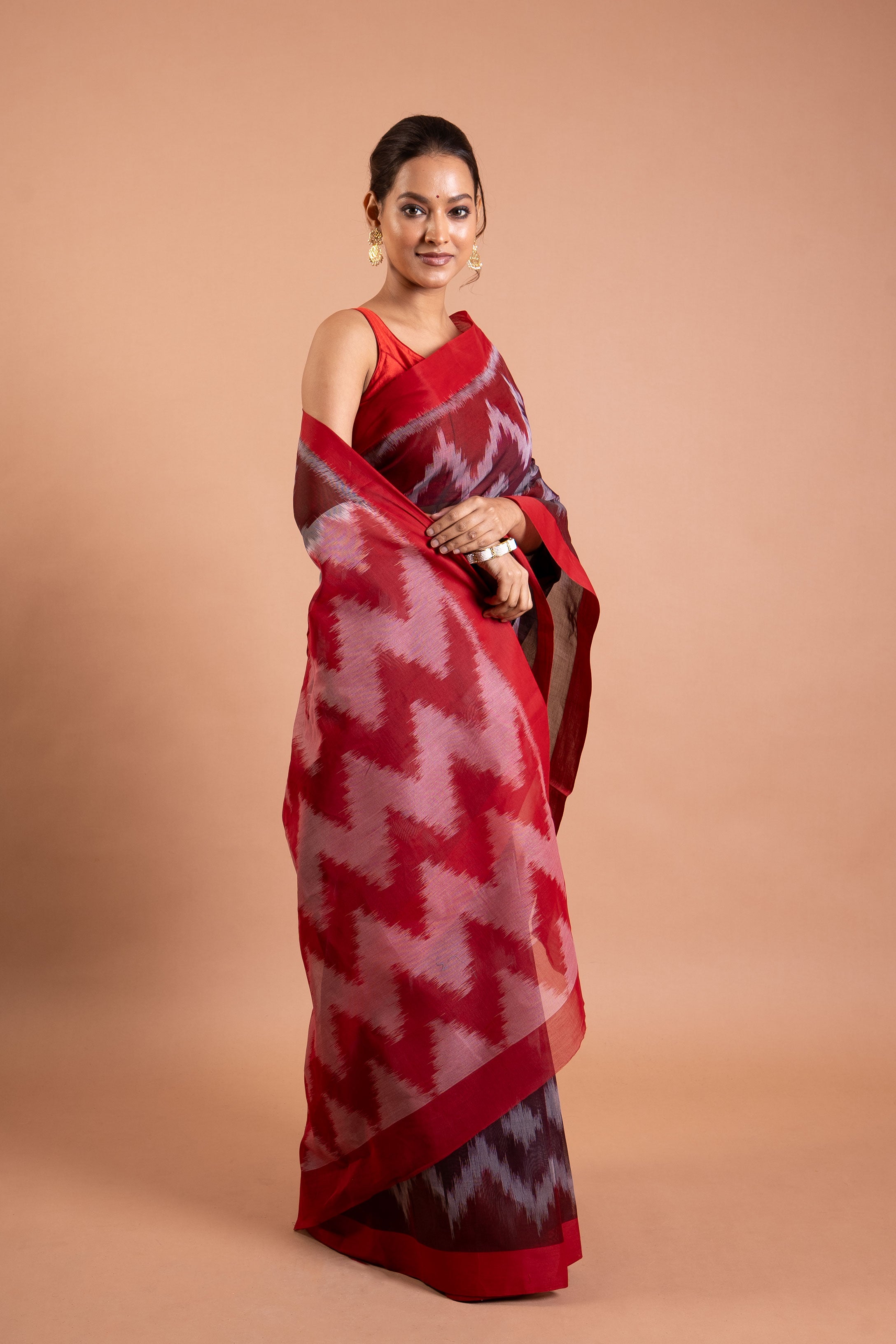 Rangrez Crimson Ikat Pure Handloom Saree