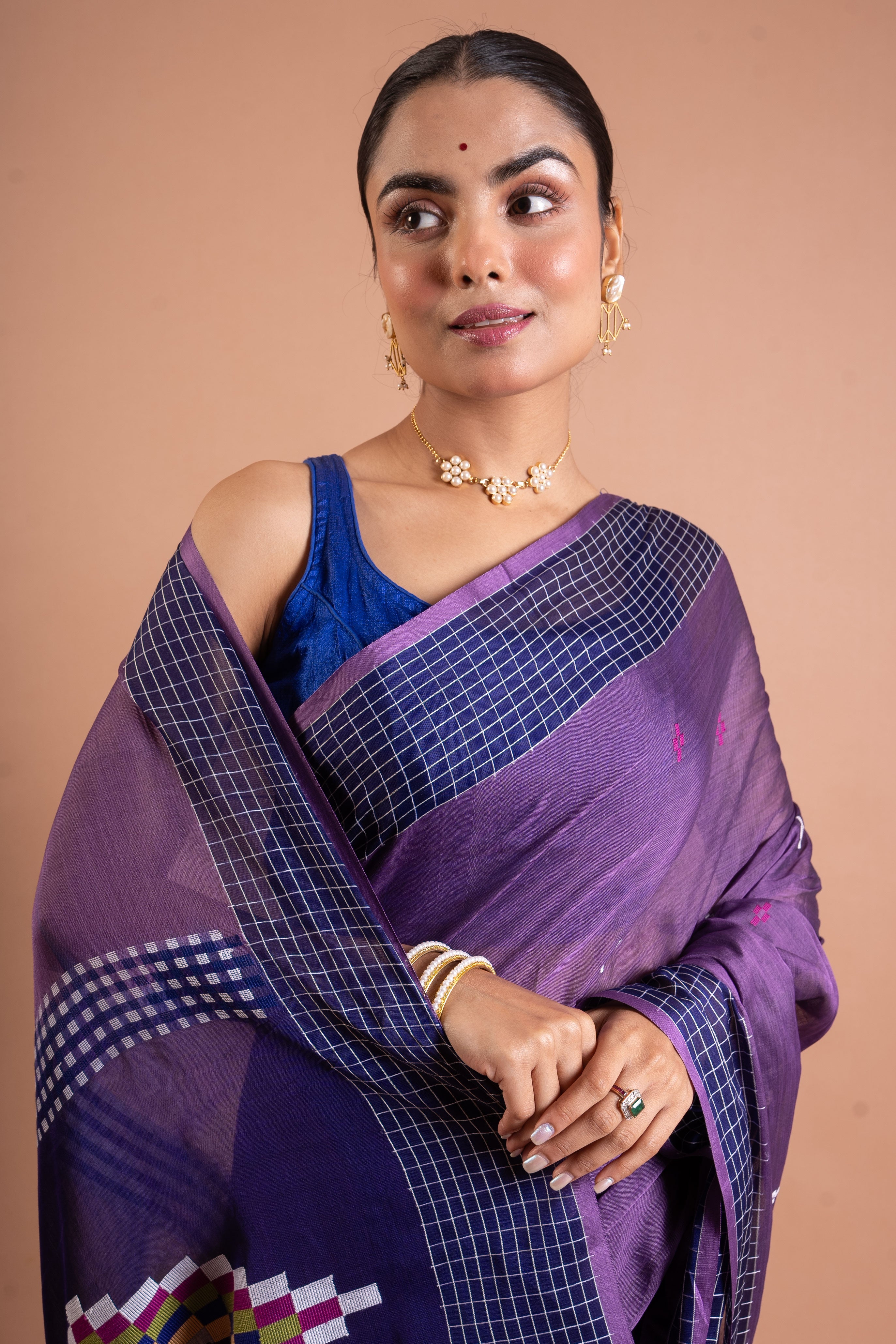Neel-Grid Violet Handloom Saree
