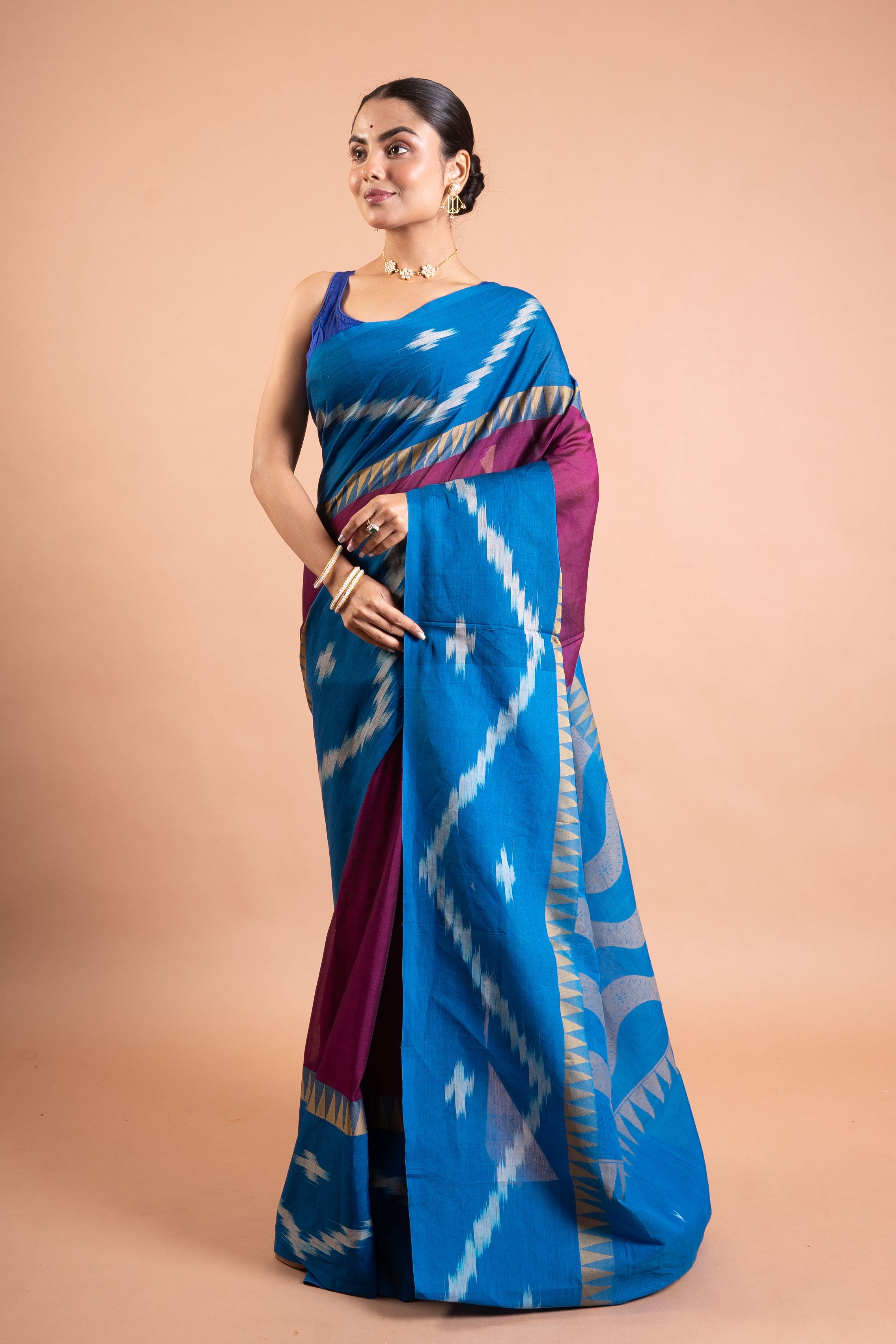 Azure Ikat Fusion Handloom Saree – Teal & Magenta