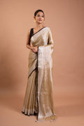 Teal & Maroon Handwoven Tissue Saree with Zari Stripes
