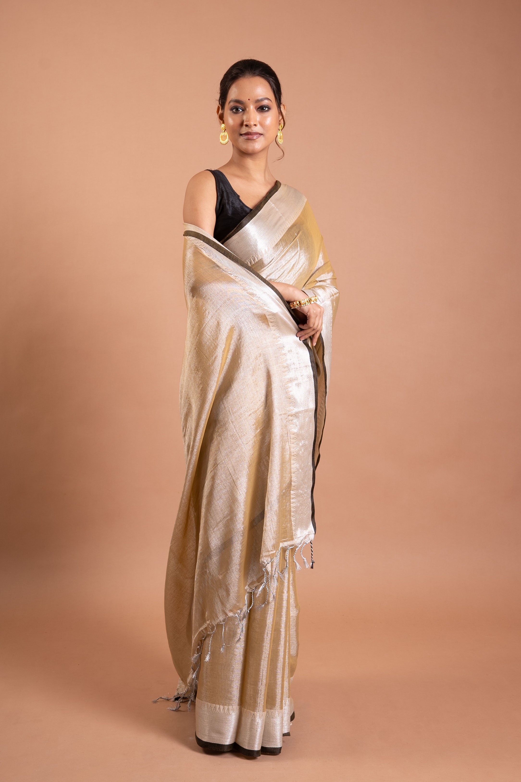 Teal & Maroon Handwoven Tissue Saree with Zari Stripes