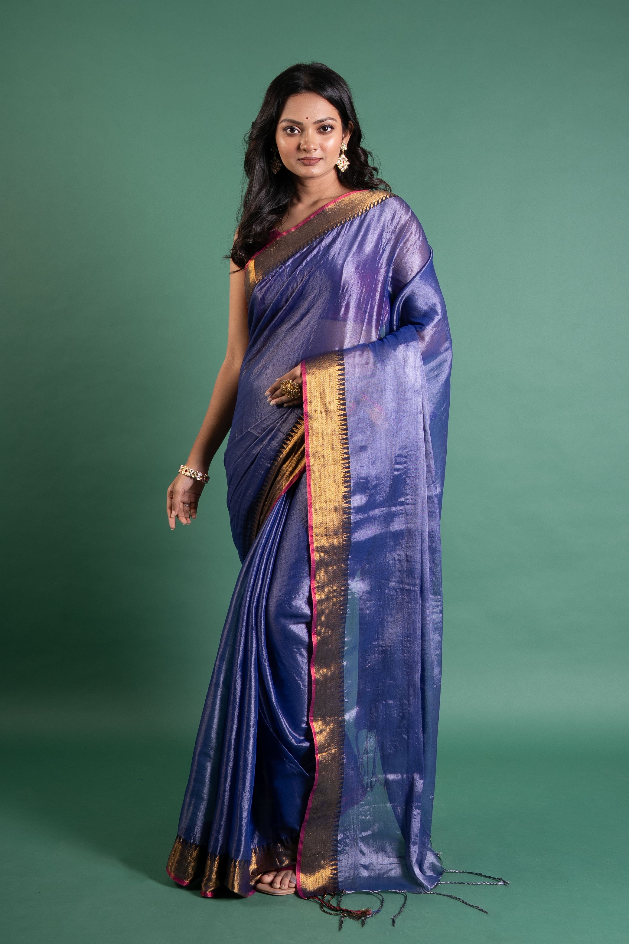 Indigo Moonlight Tissue Saree with Antique Gold Zari Border