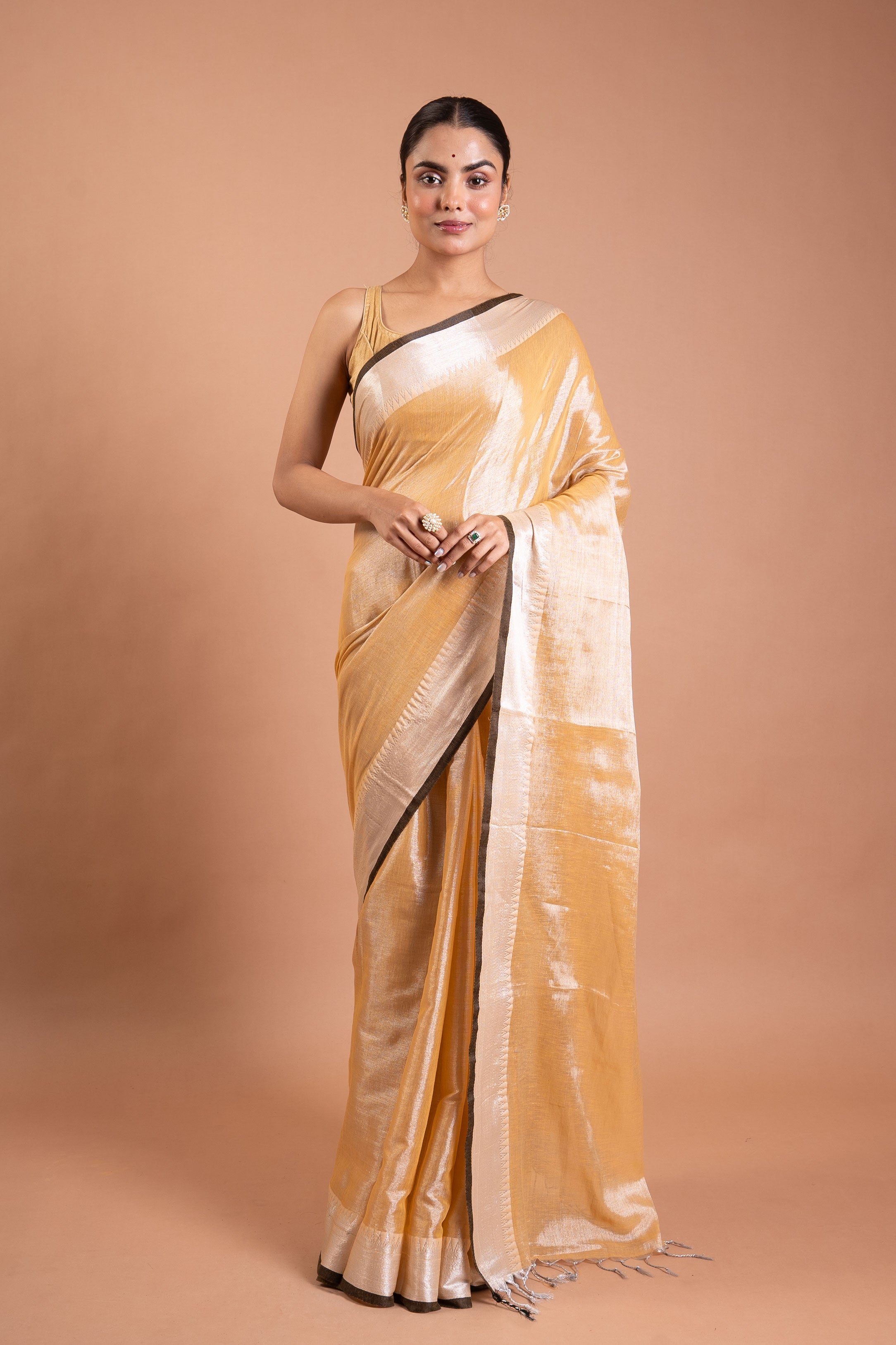Golden Mist Pure Tissue Saree with Silver Sheen Border