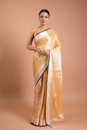 Golden Mist Pure Tissue Saree with Silver Sheen Border