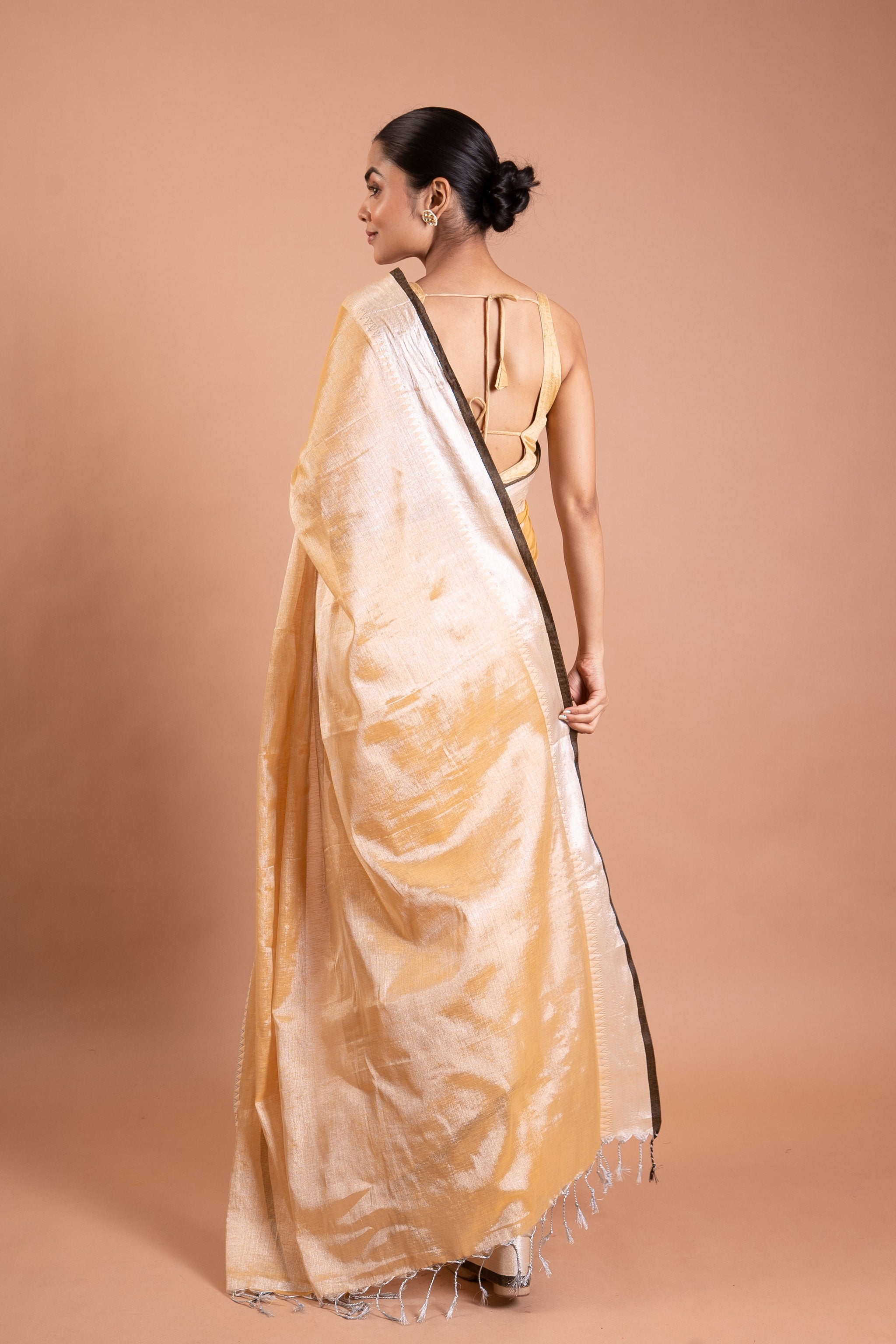 Golden Mist Pure Tissue Saree with Silver Sheen Border
