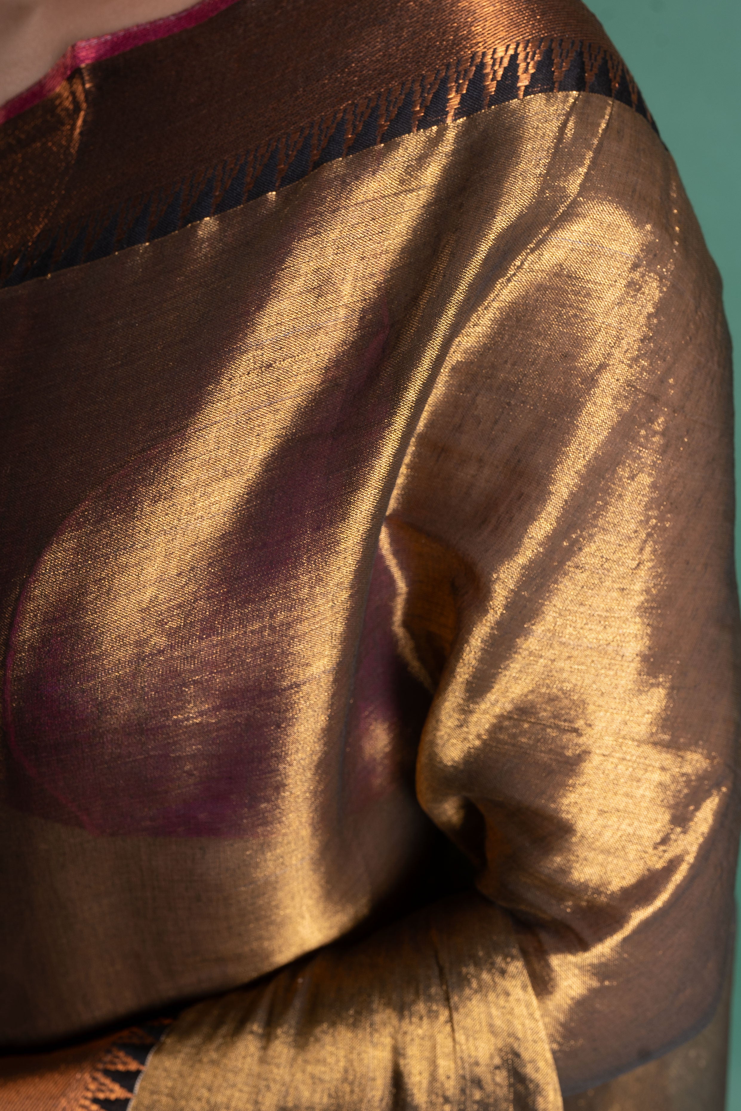 Antique Gold Pure Tissue Saree with Rani Pink Border