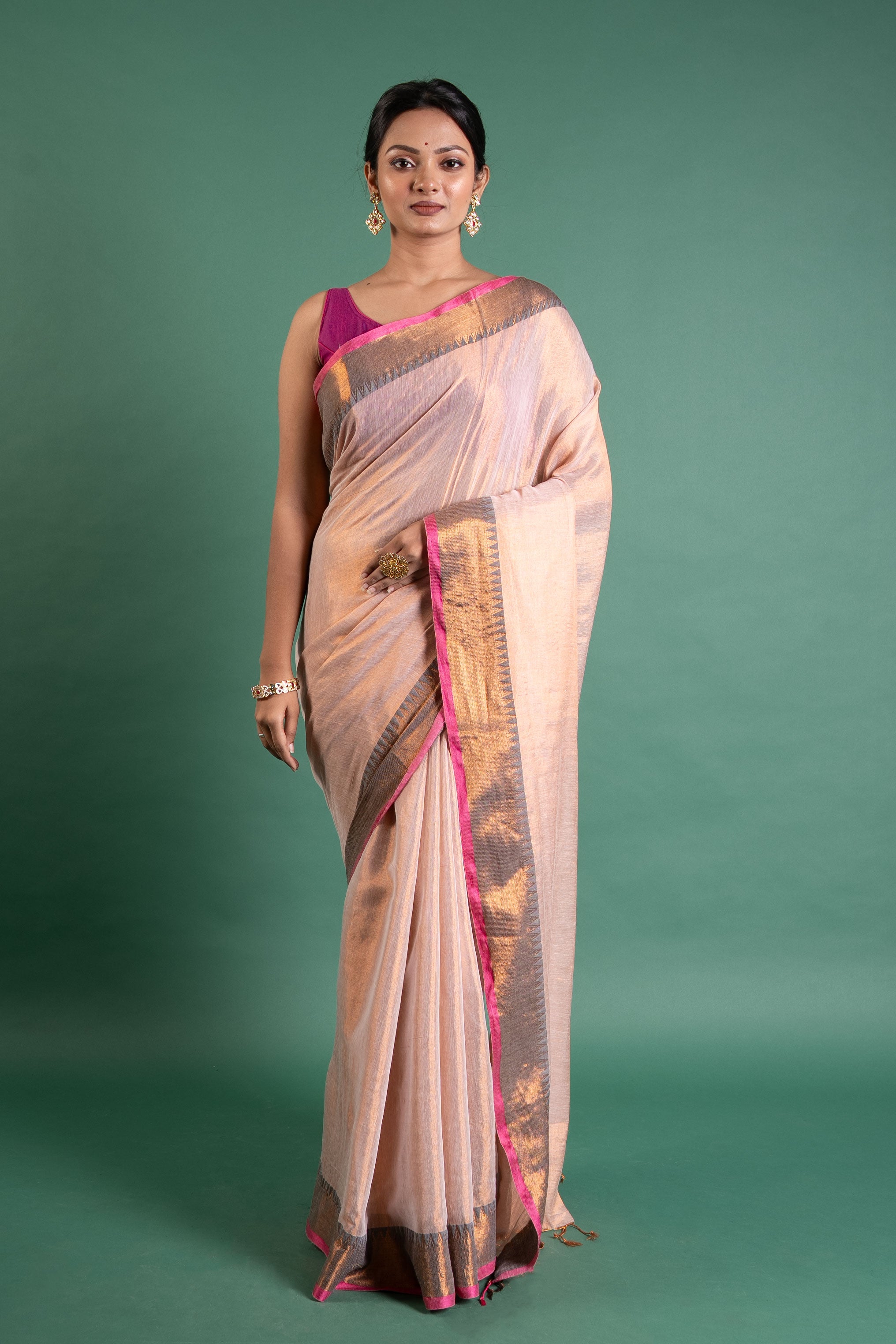 Blush Peach Pure Tissue Saree with Antique Zari Border