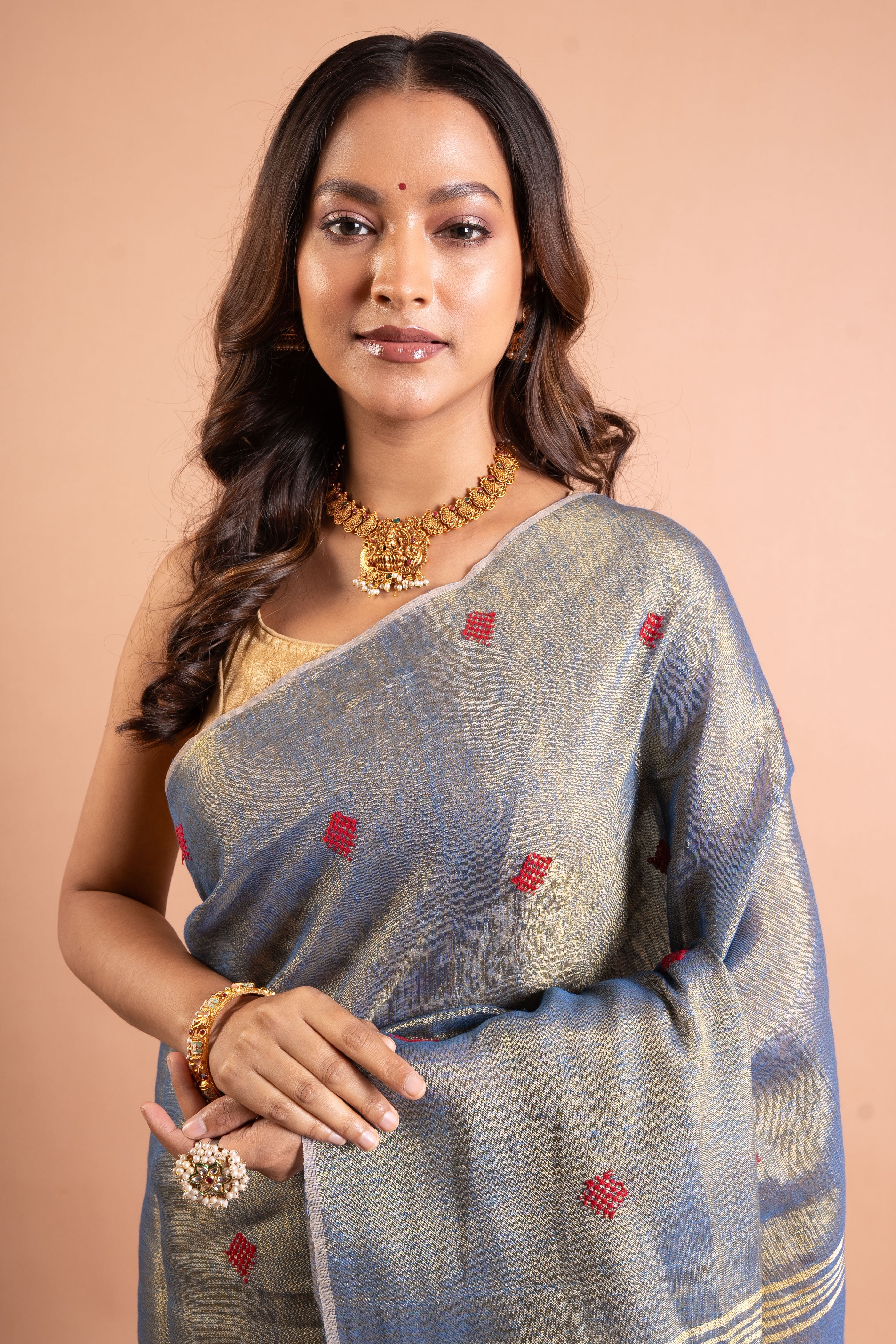 Steel Blue Pure Tissue Saree with Red Buttas & Zari-Striped Pallu