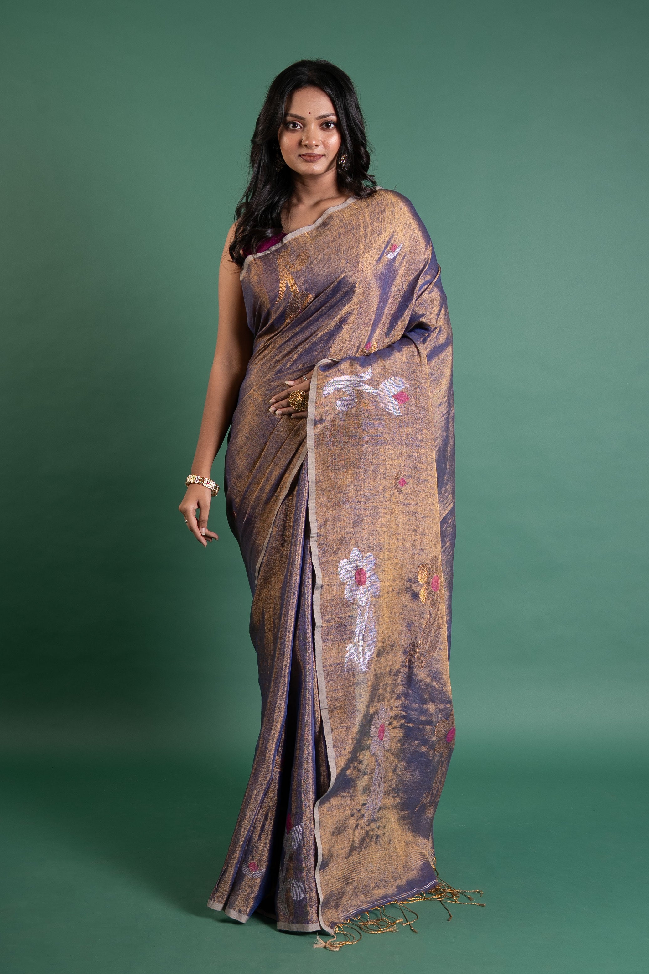Midnight Bloom Linen Tissue Saree