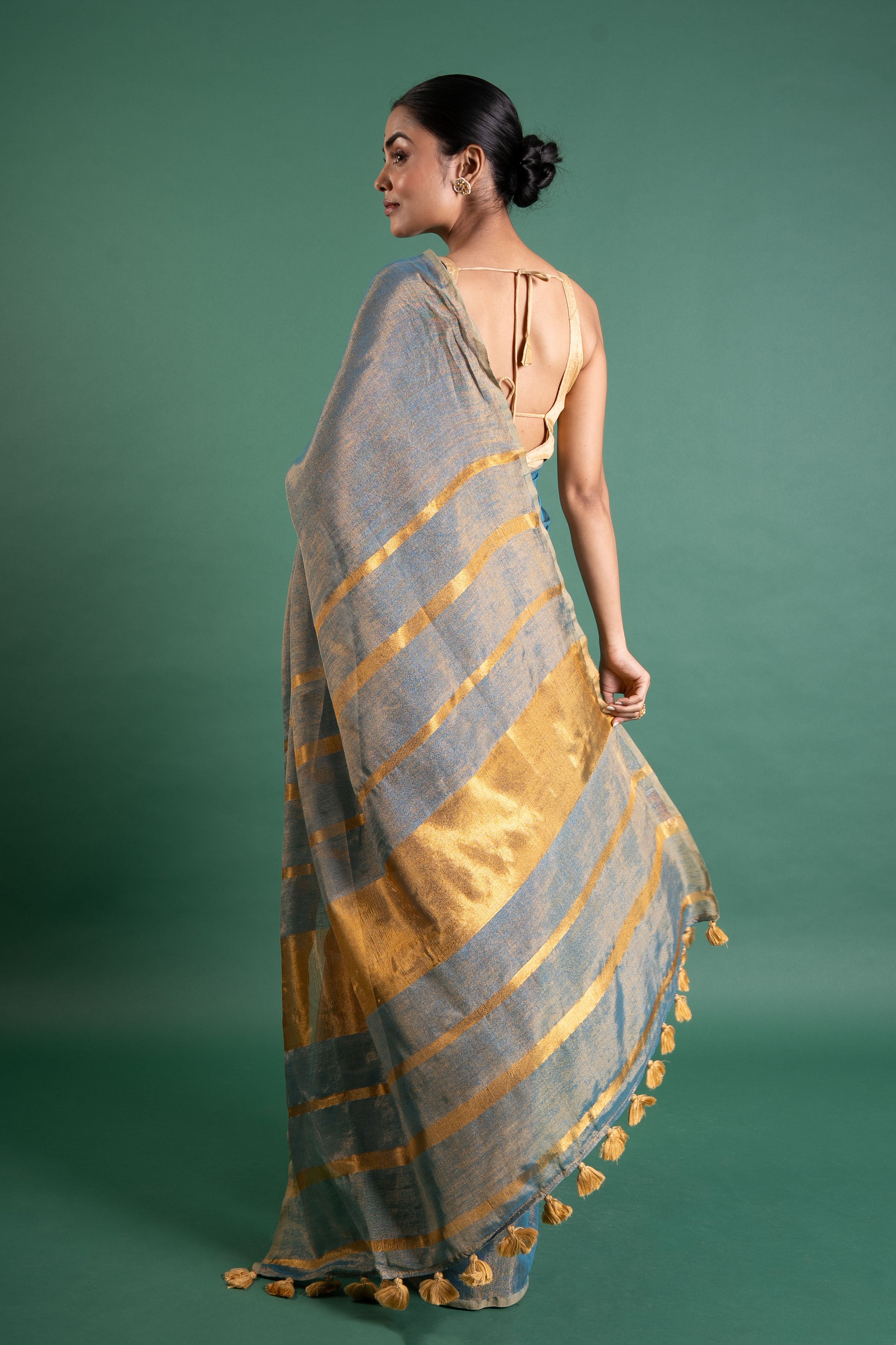 Azure Gleam Linen Tissue Saree