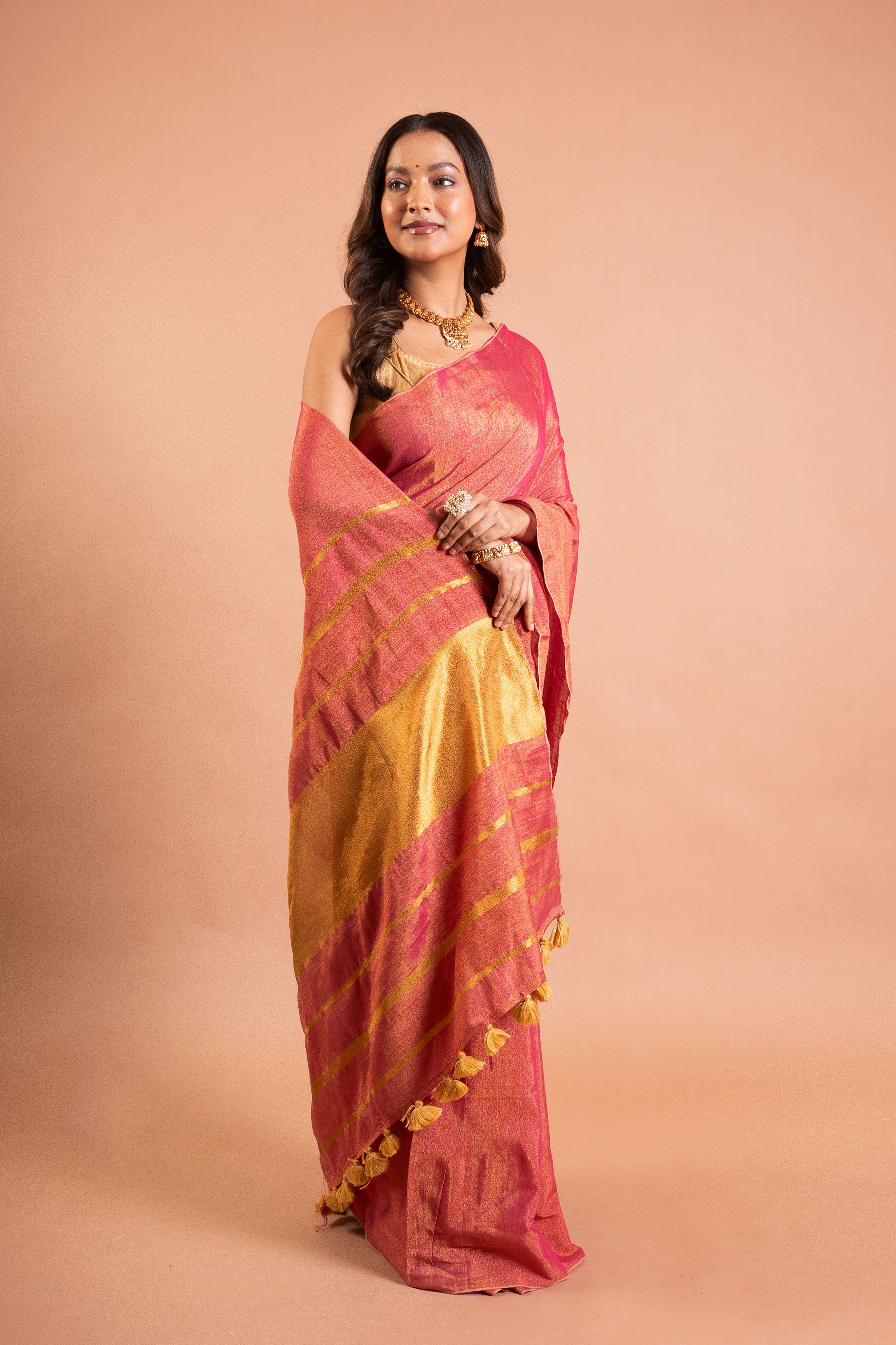 Rosewood Glow Linen Tissue Saree