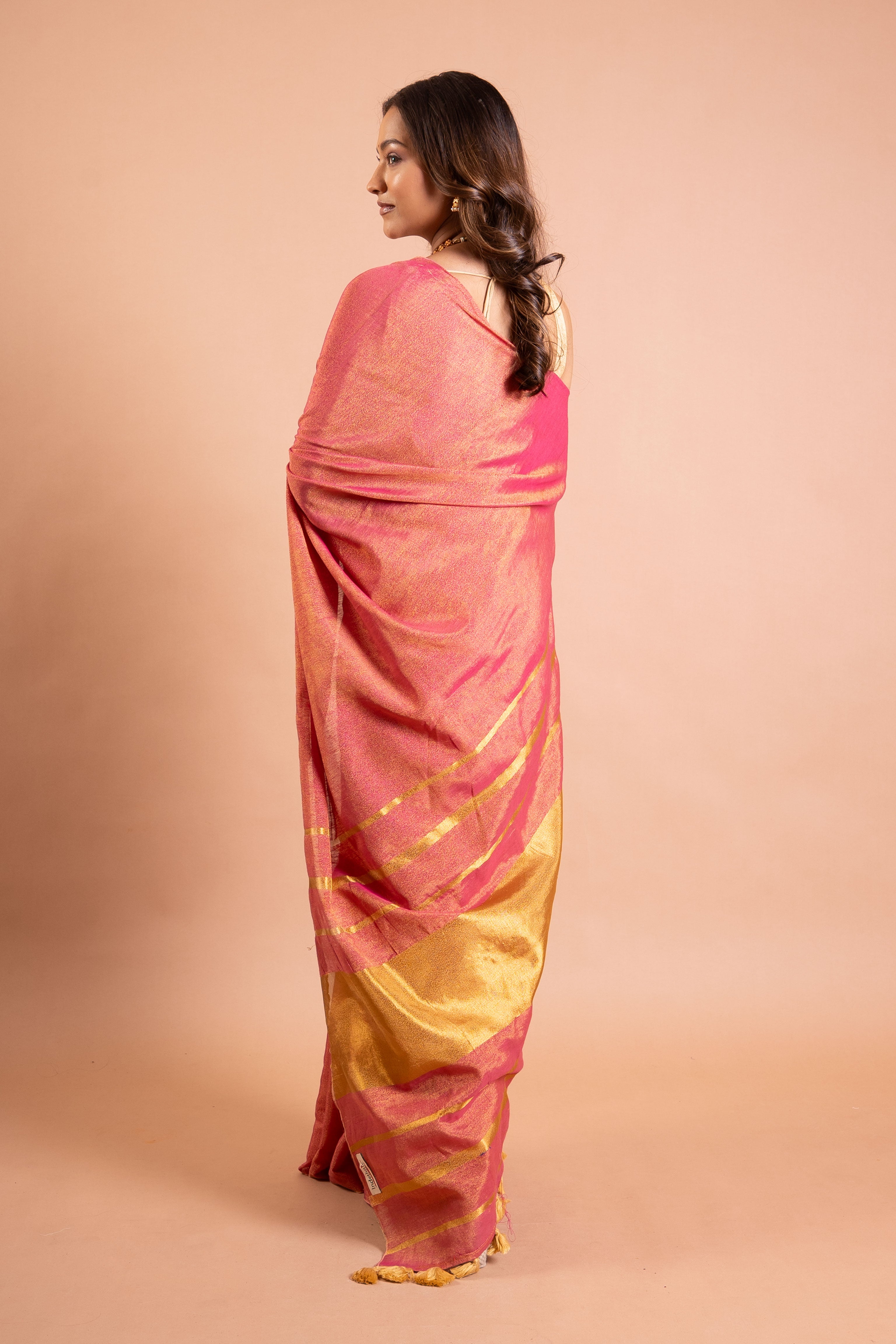 Rosewood Glow Linen Tissue Saree