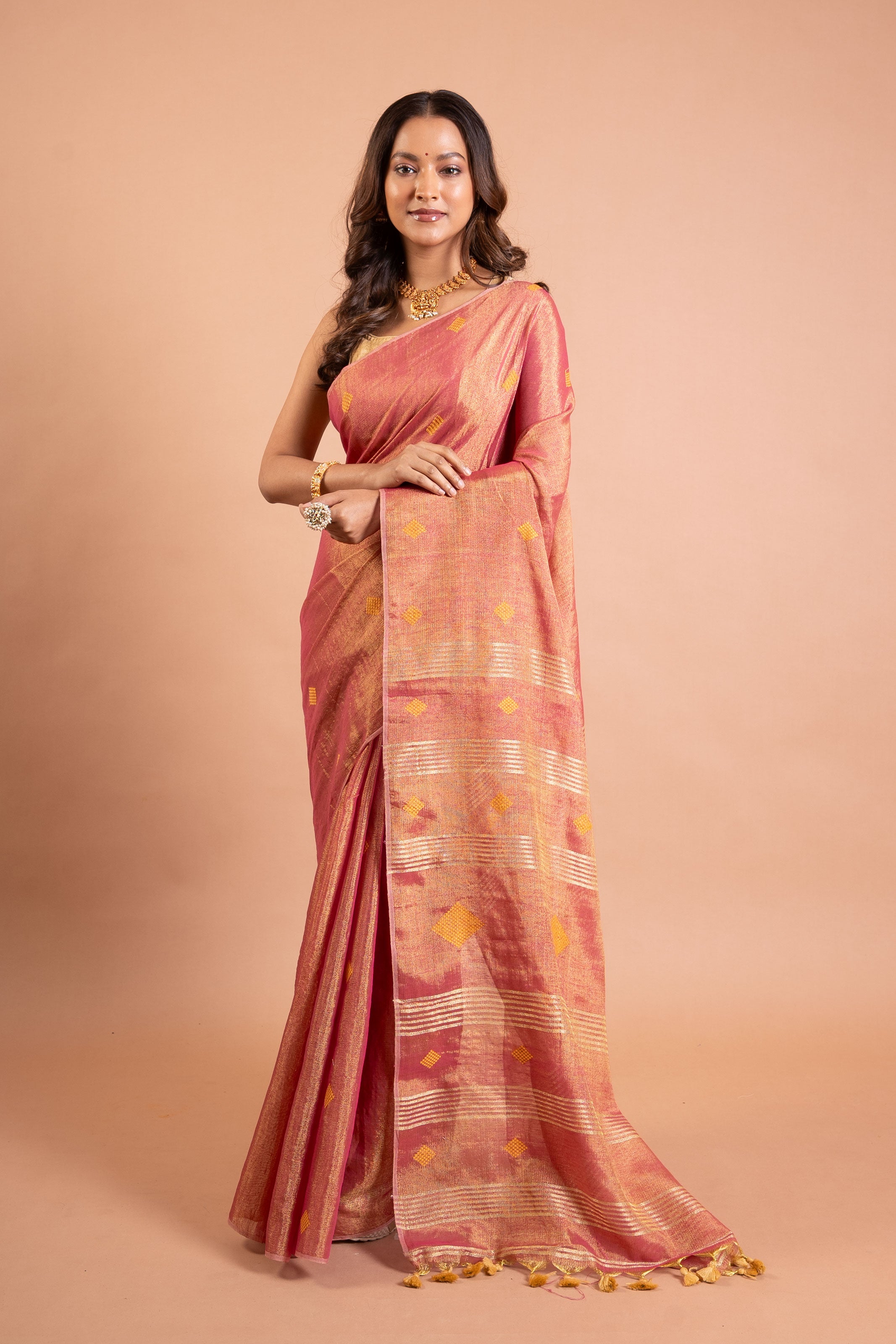 Rose-Gold Buti Linen Tissue Saree with Zari Striped Pallu